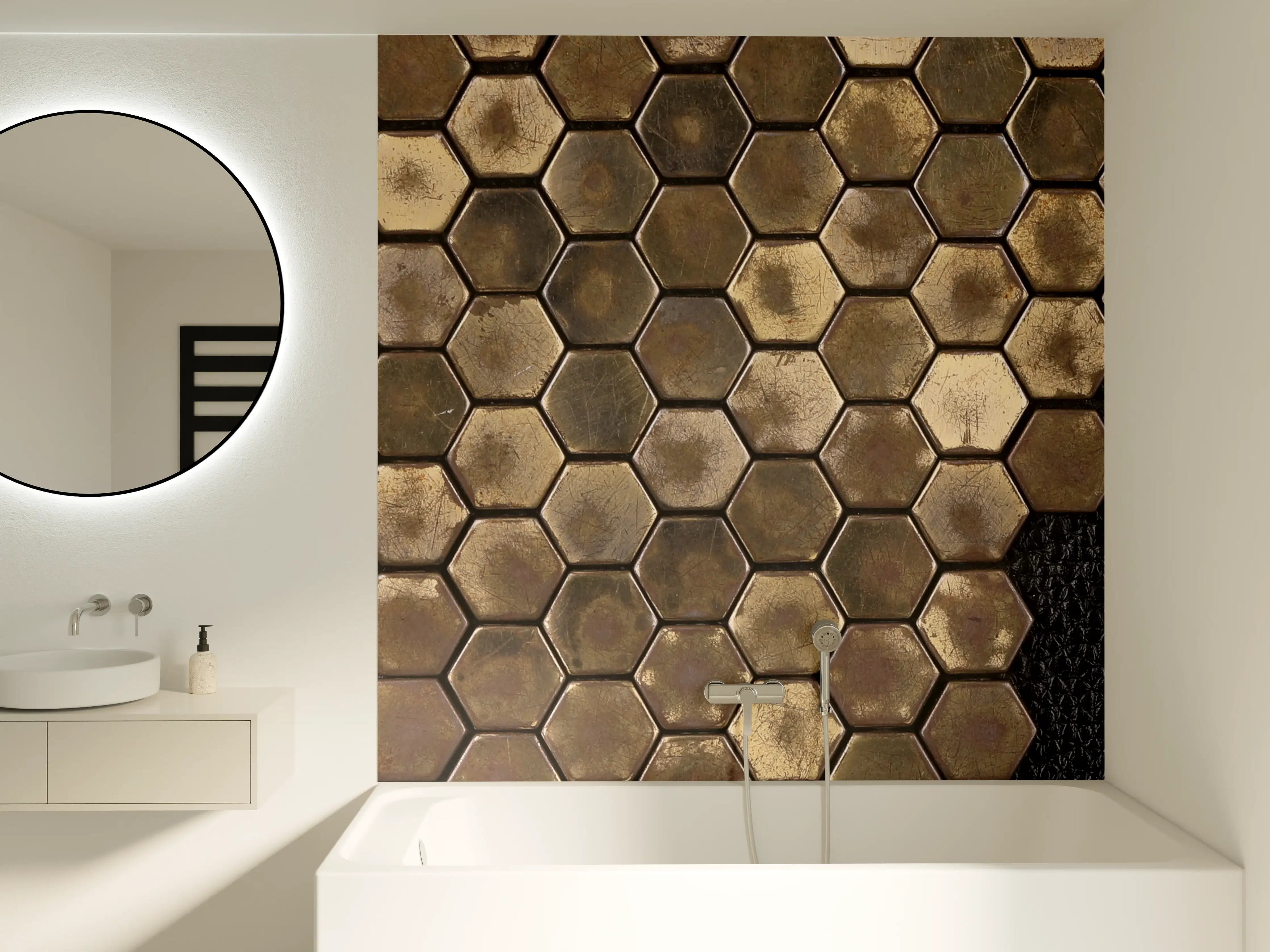 Badewannen-Rückwand - Hexagonale Holzmuster mit schwarzer Textur