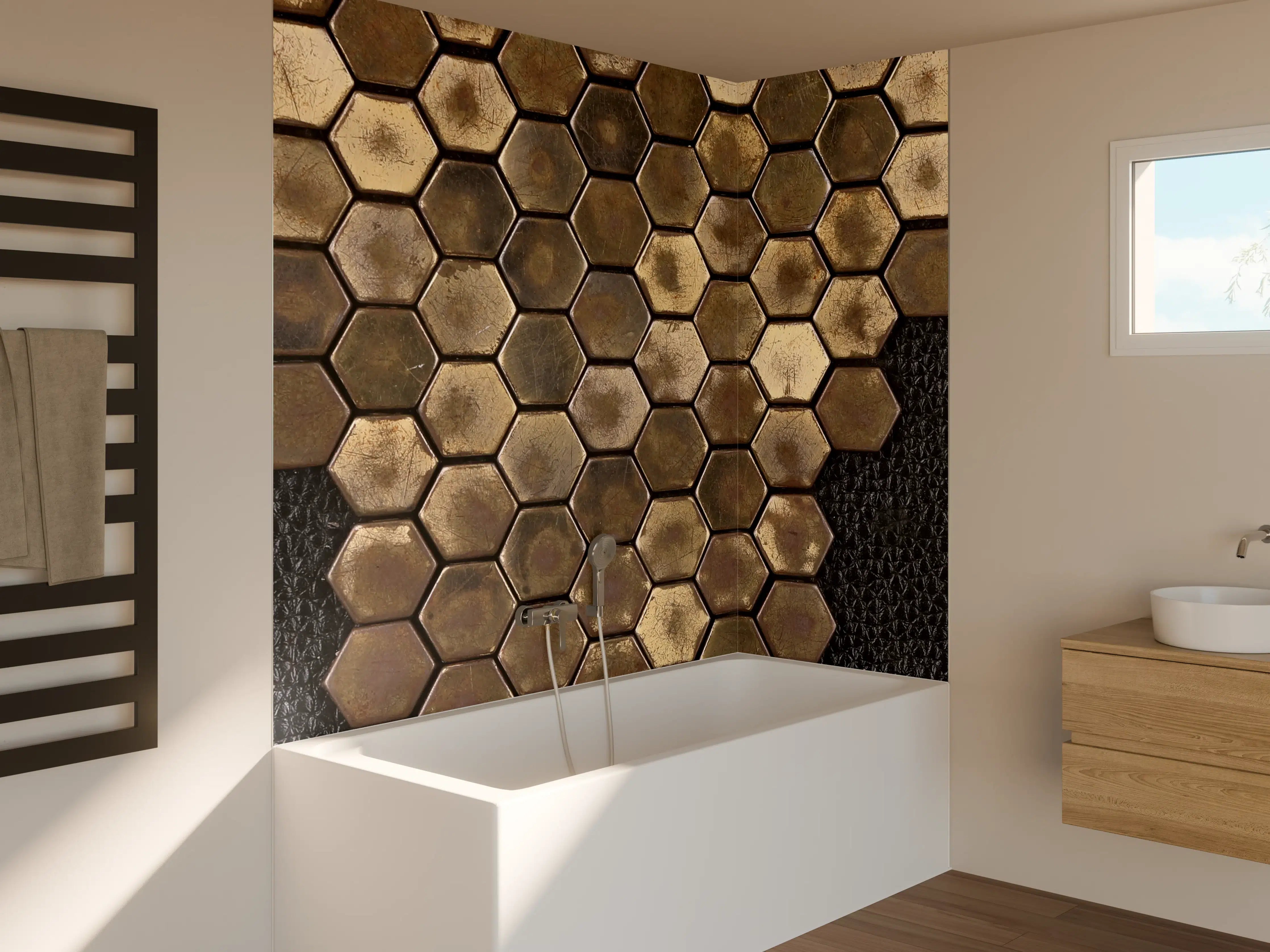 Badewannen-Rückwand - Hexagonale Holzmuster mit schwarzer Textur