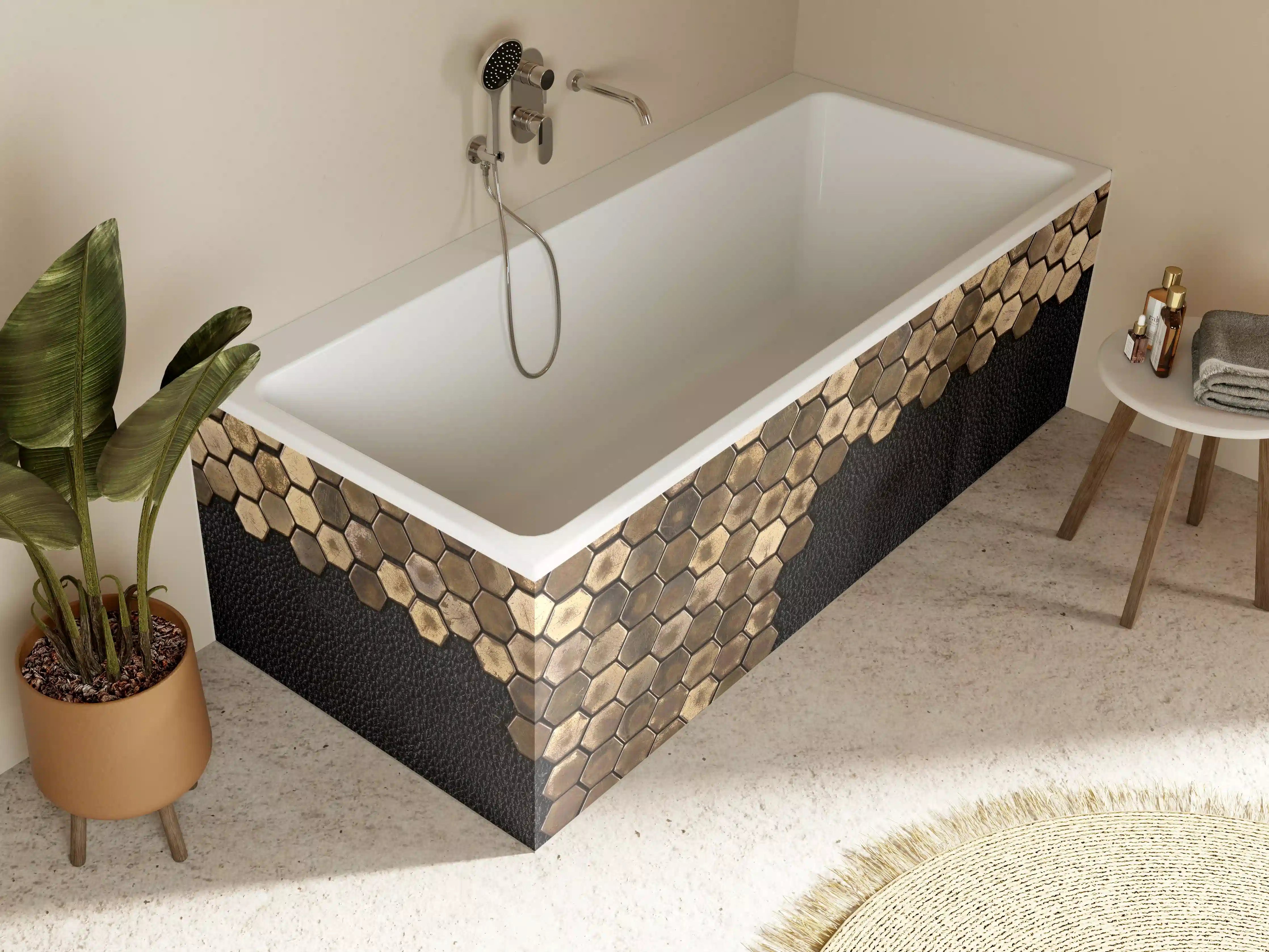 Badewannen-Rückwand - Hexagonale Holzmuster mit schwarzer Textur