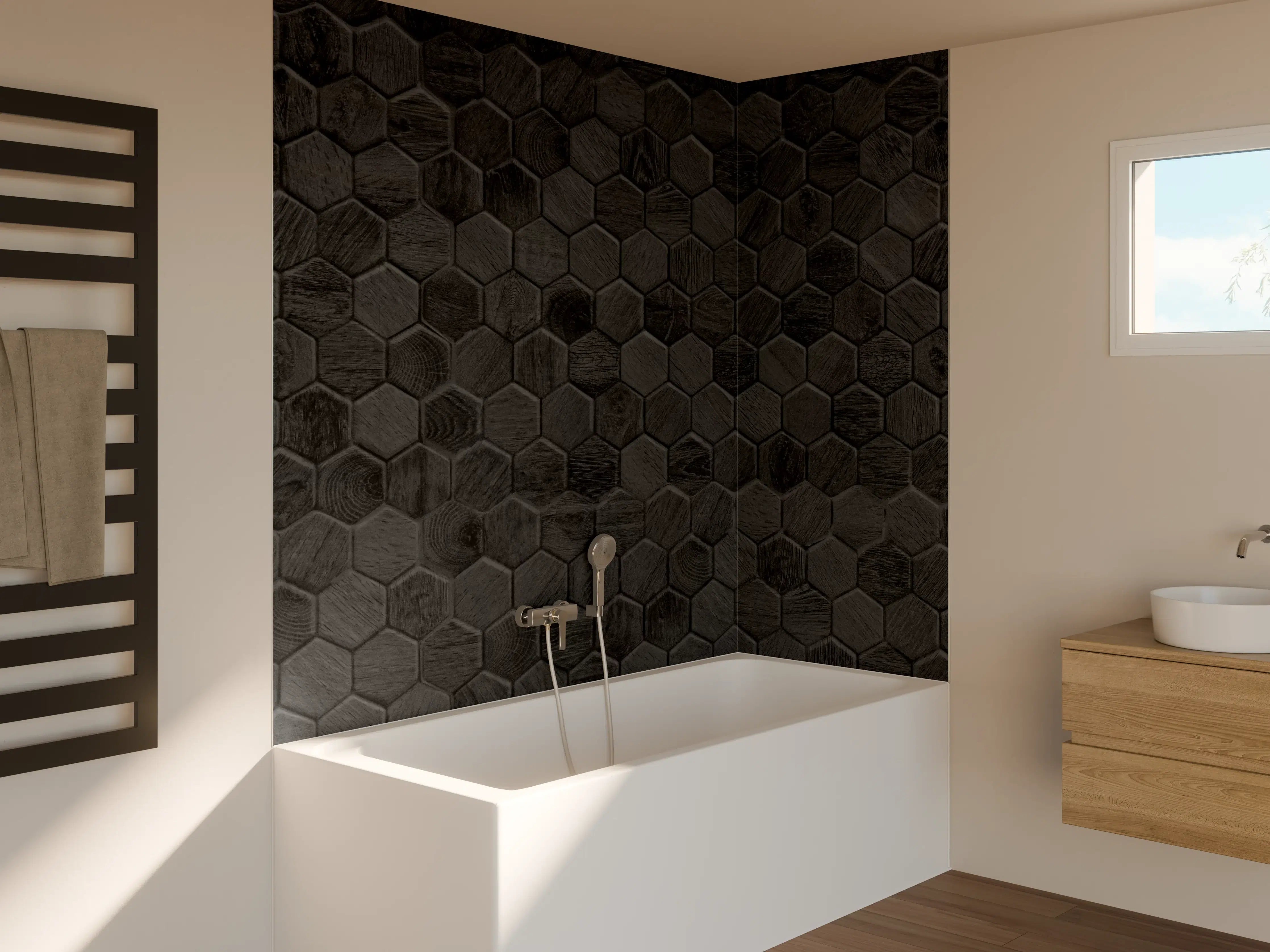 Badewannen-Rückwand - Hexagonales Holz Wabenmuster