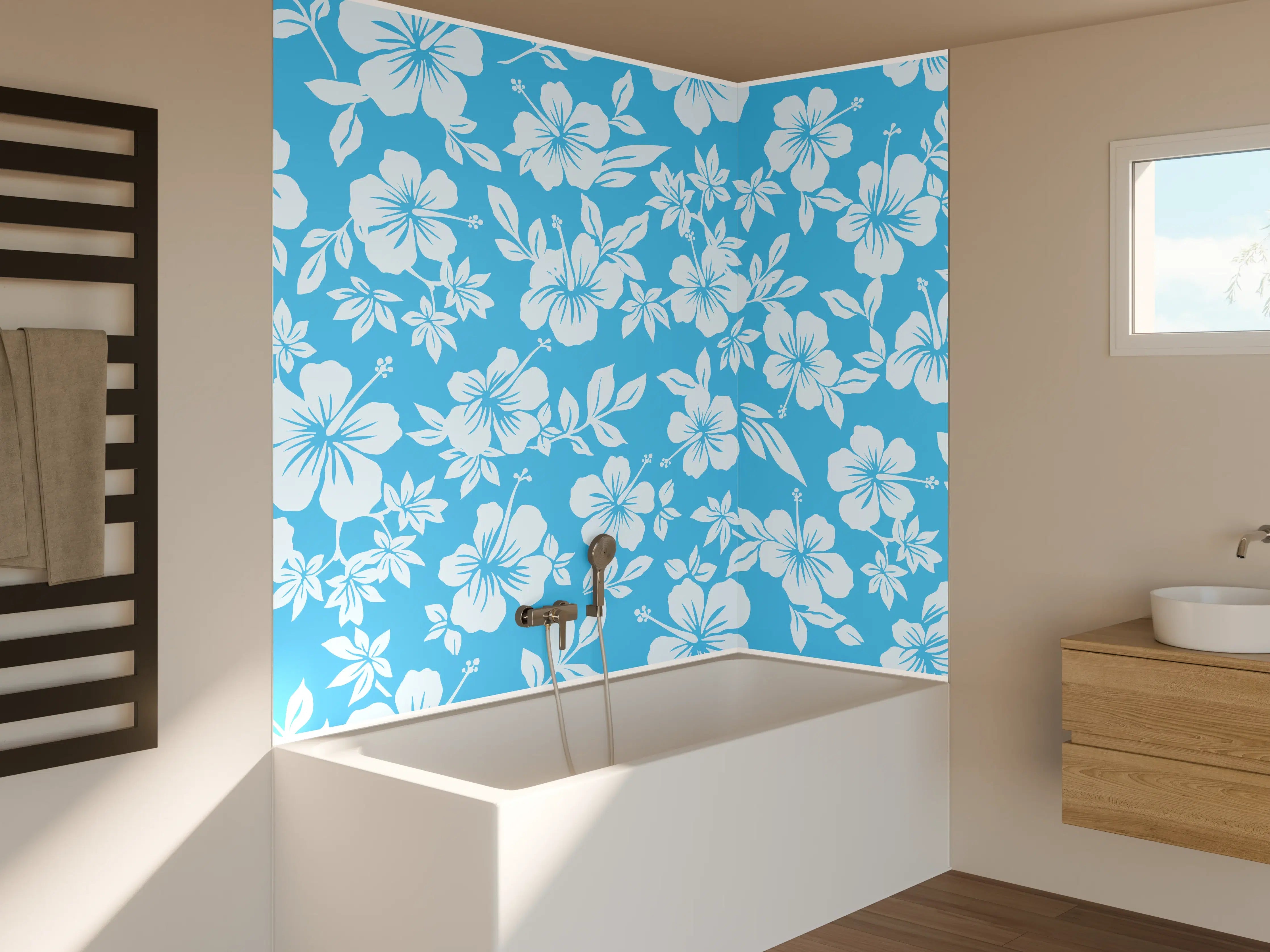 Badewannen-Rückwand - Hibiskus-Muster Hellblau