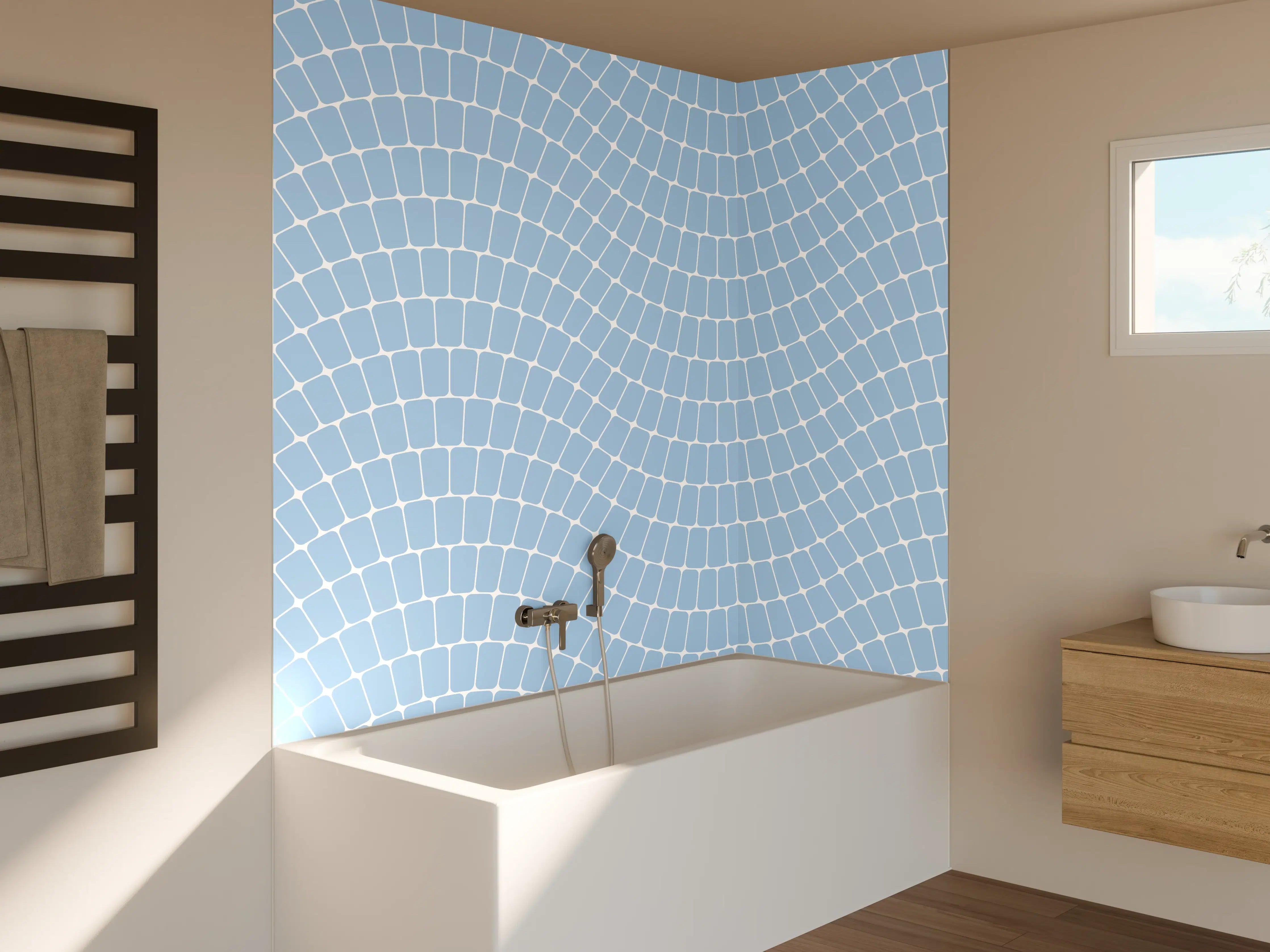 Badewannen-Rückwand - Himmel mit sanften Wellen in Hellblau und Weiß