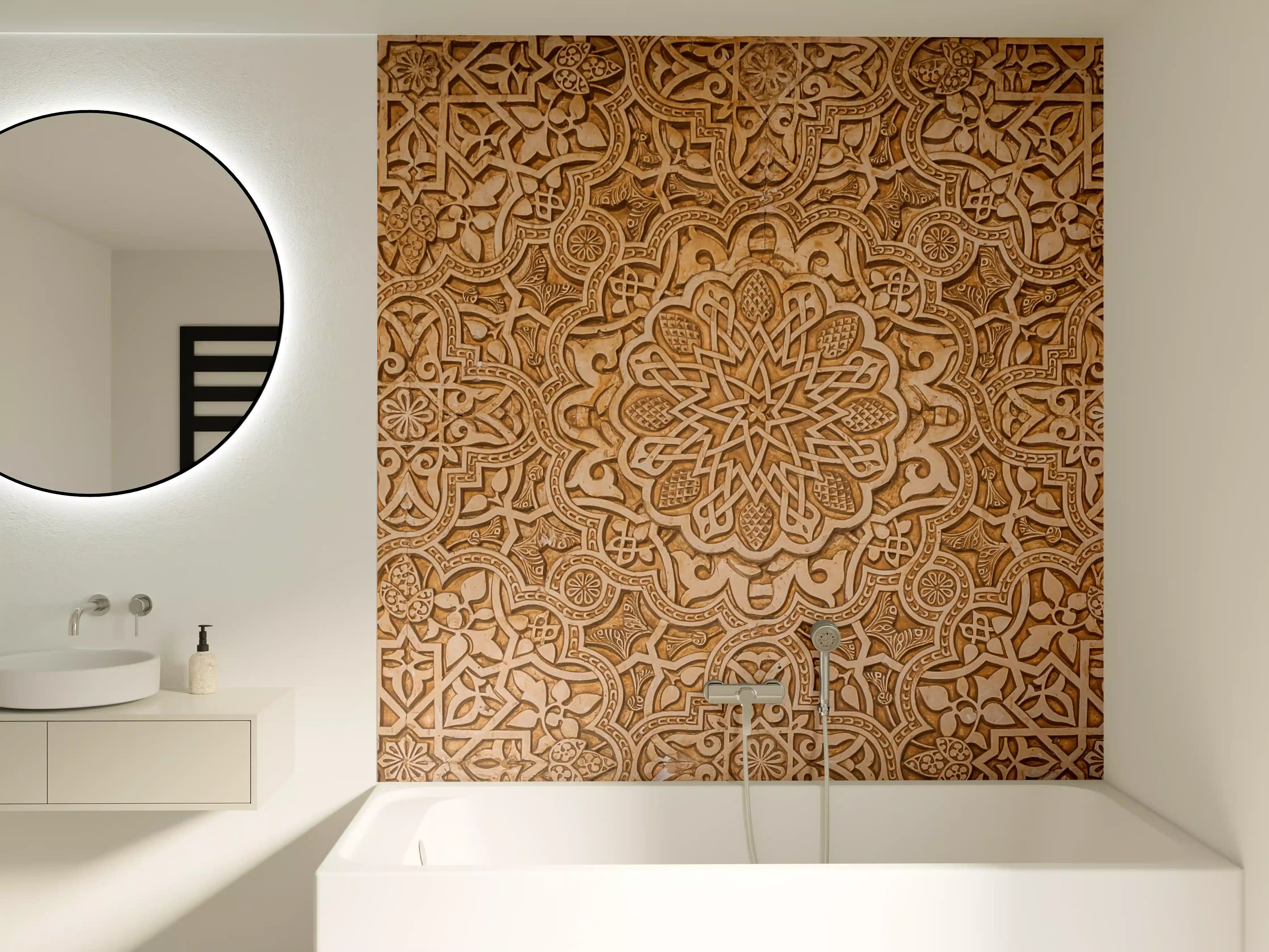 Badewannen-Rückwand - Hintergrund mit kunstvoller Holz-Reliefstruktur