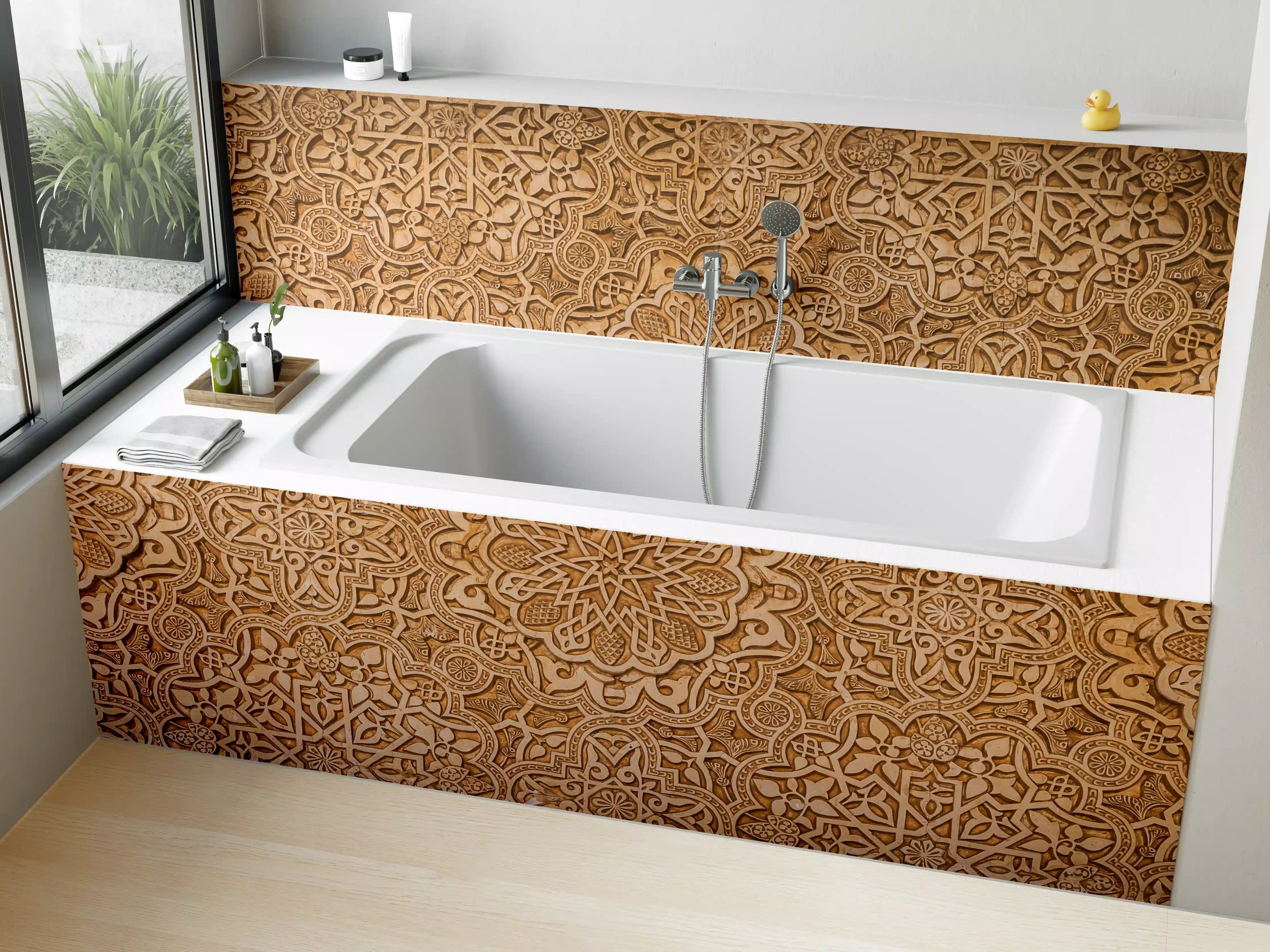 Badewannen-Rückwand - Hintergrund mit kunstvoller Holz-Reliefstruktur