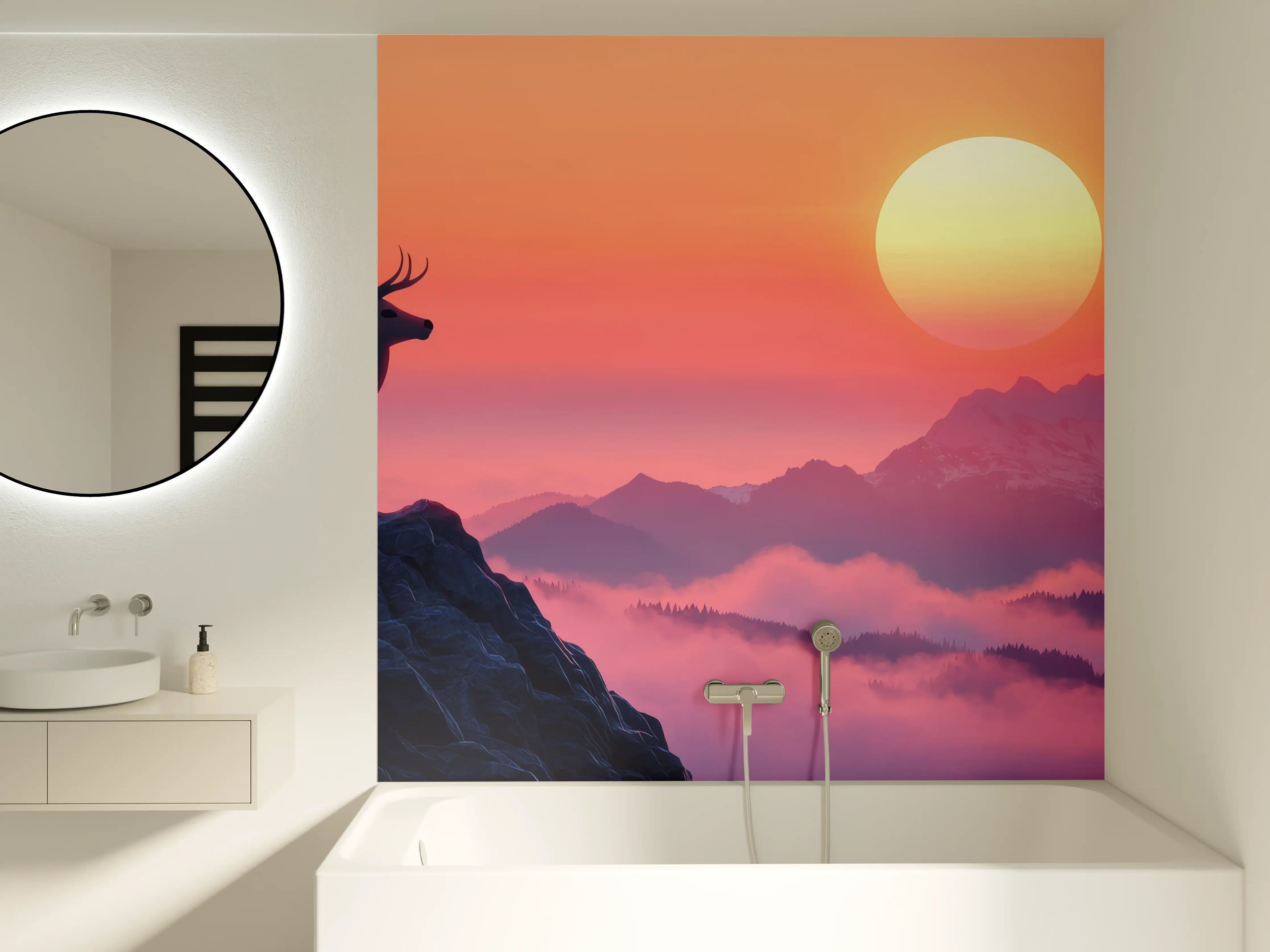 Badewannen-Rückwand - Hirsch-Silhouette Sonnenaufgang Orange-Pink