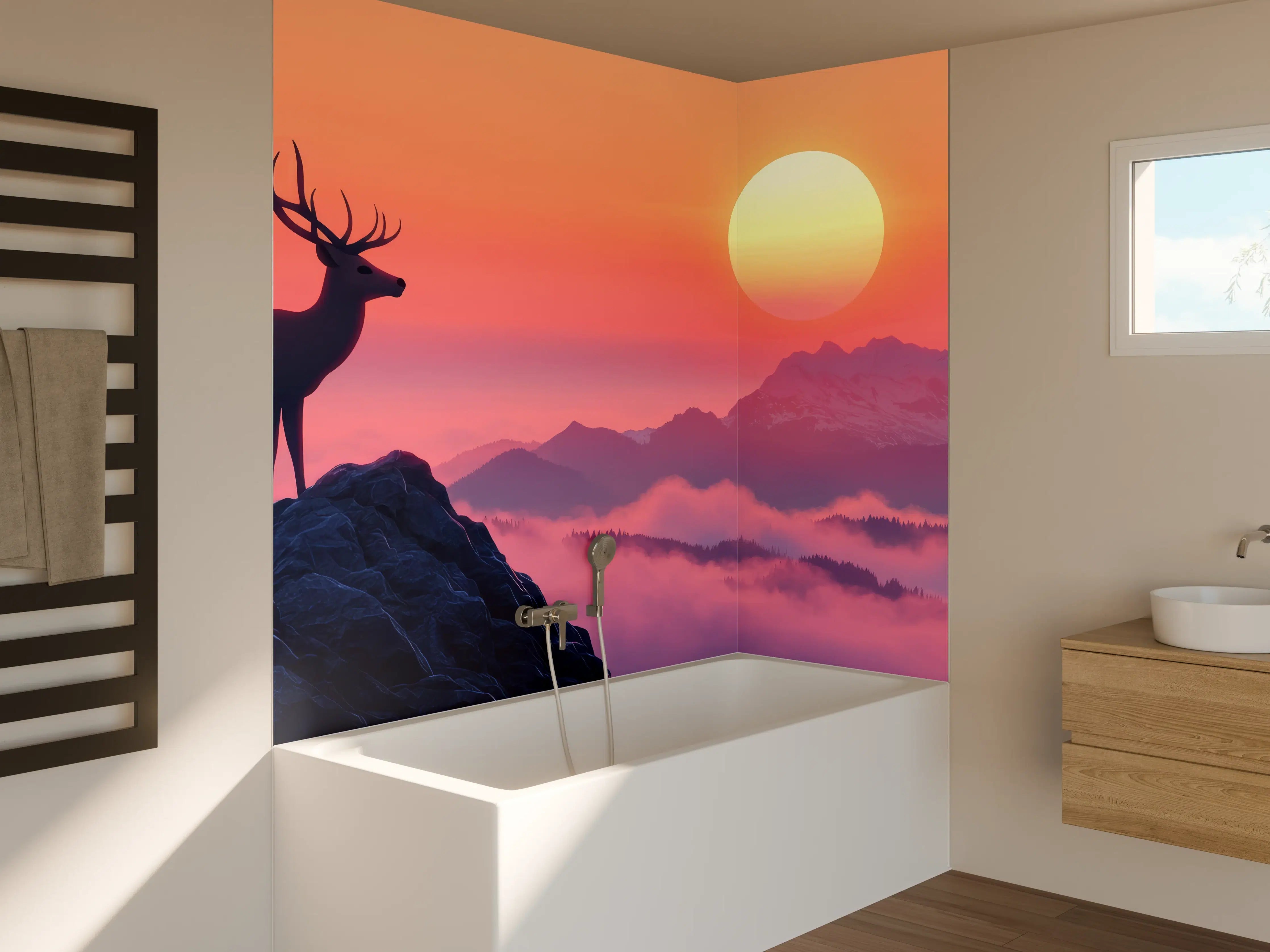 Badewannen-Rückwand - Hirsch-Silhouette Sonnenaufgang Orange-Pink