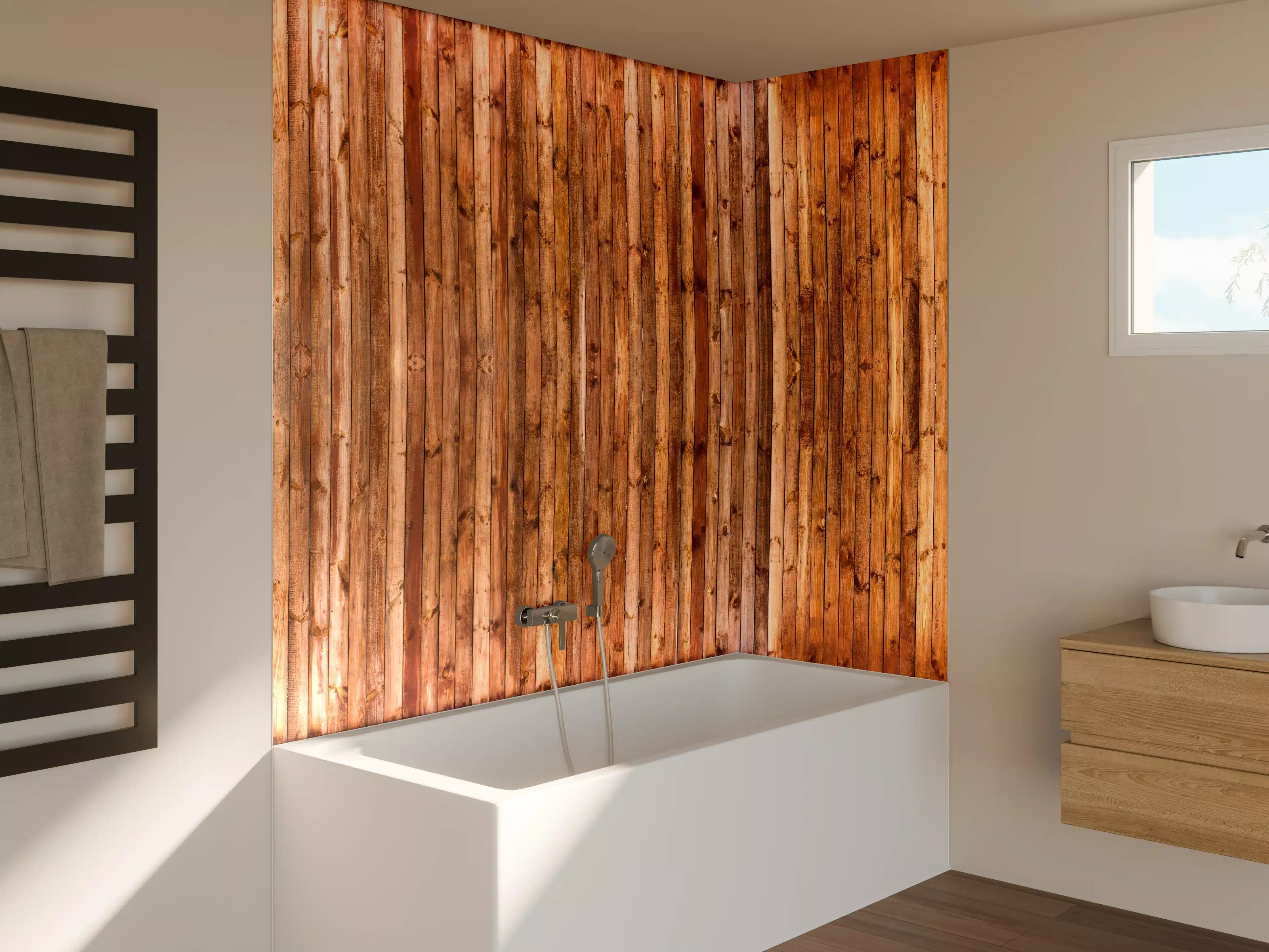 Badewannen-Rückwand - Holzpaneele in warmen Tönen