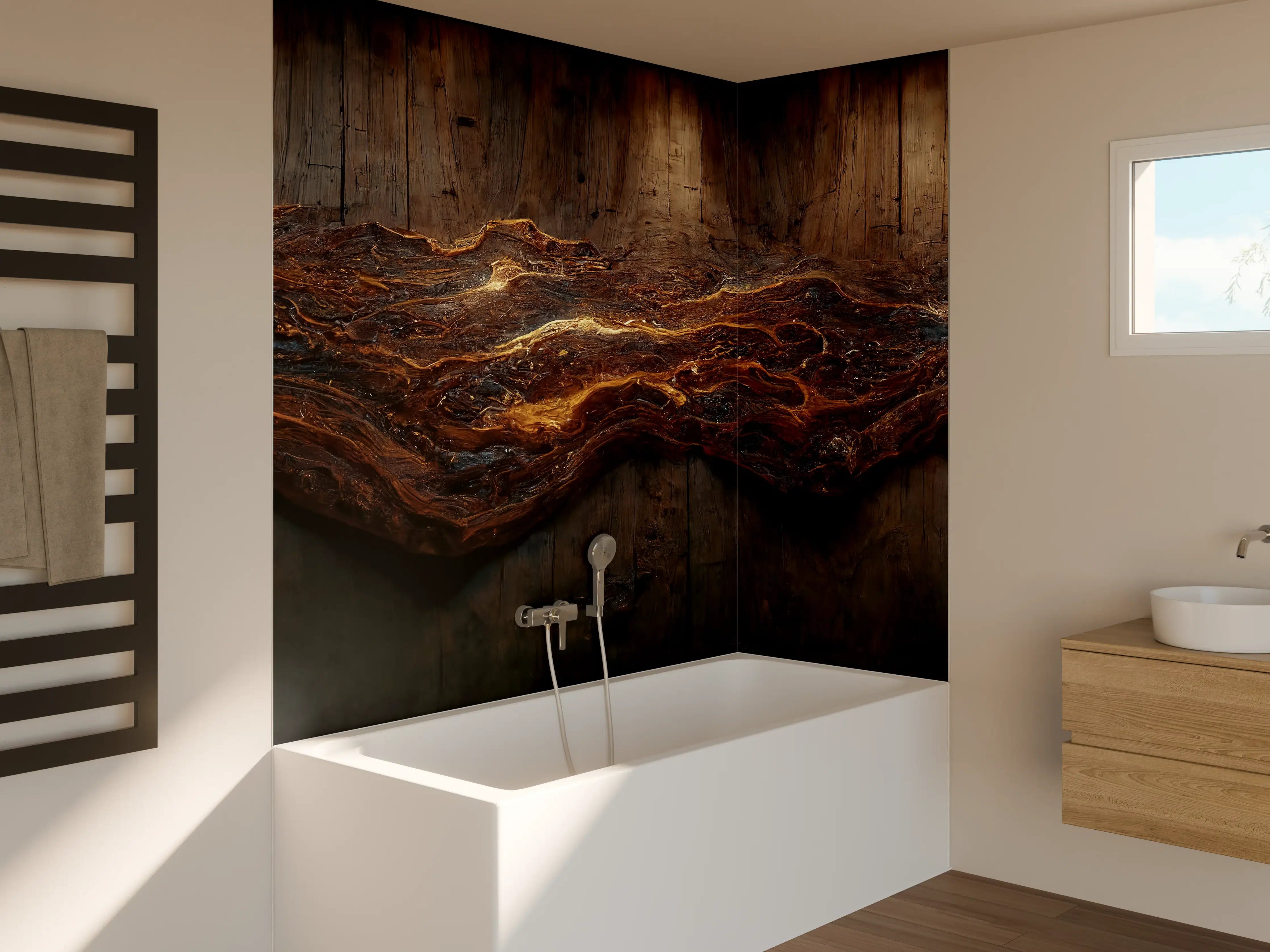 Badewannen-Rückwand - Holzplatte mit blauem Epoxid