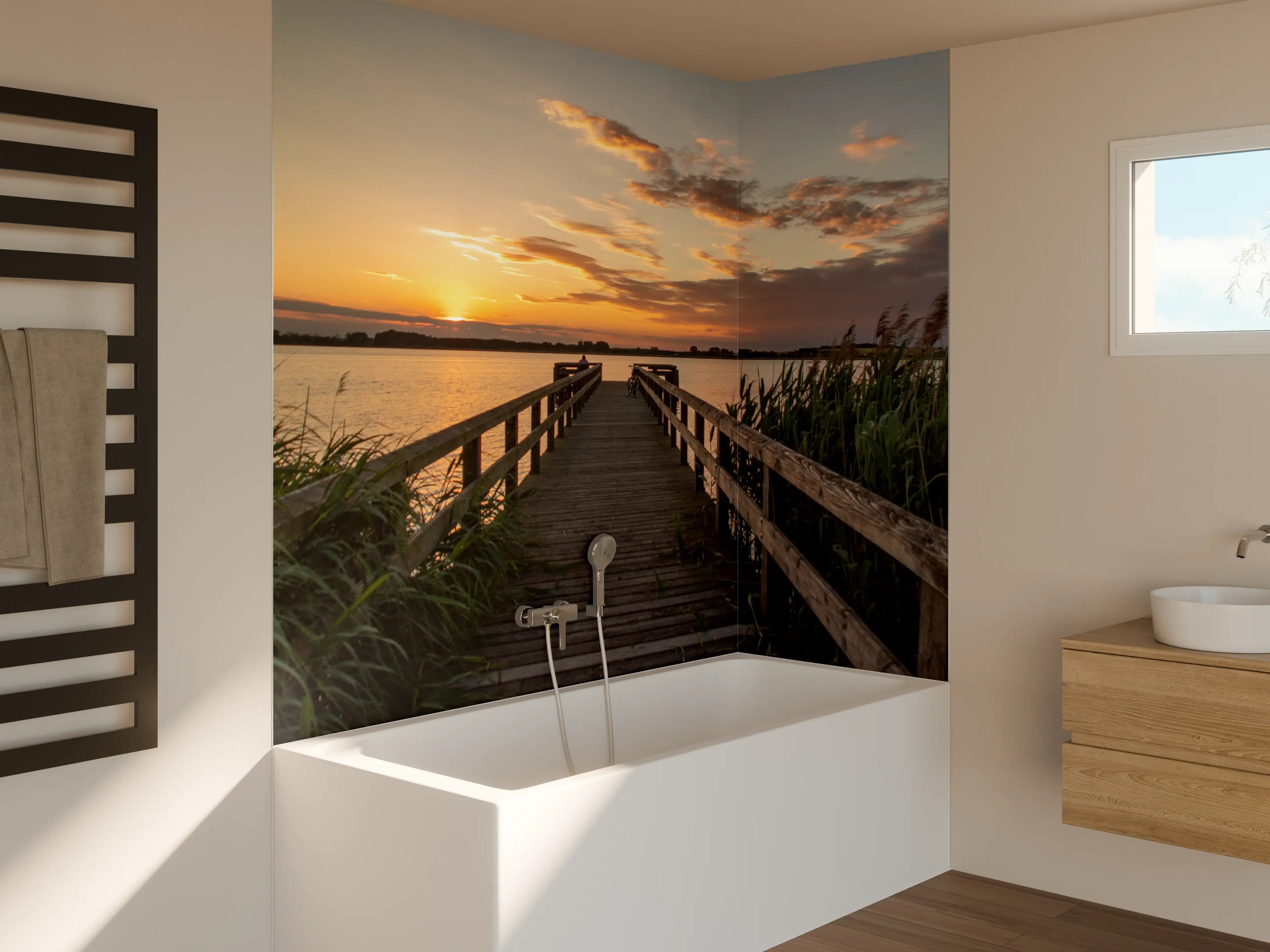 Badewannen-Rückwand - Holzsteg am Abend - Teterower See