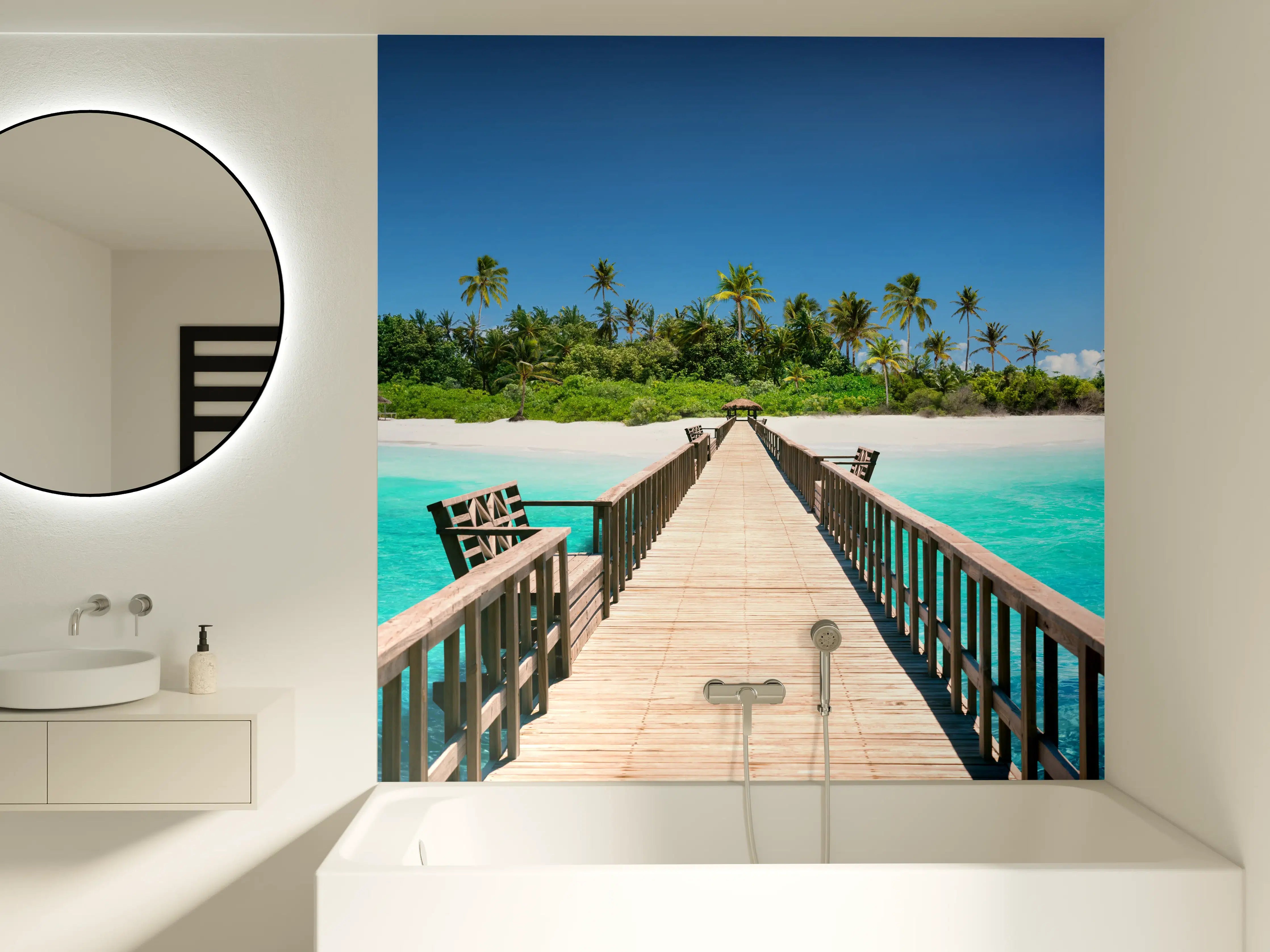 Badewannen-Rückwand - Holzsteg zur tropischen Insel