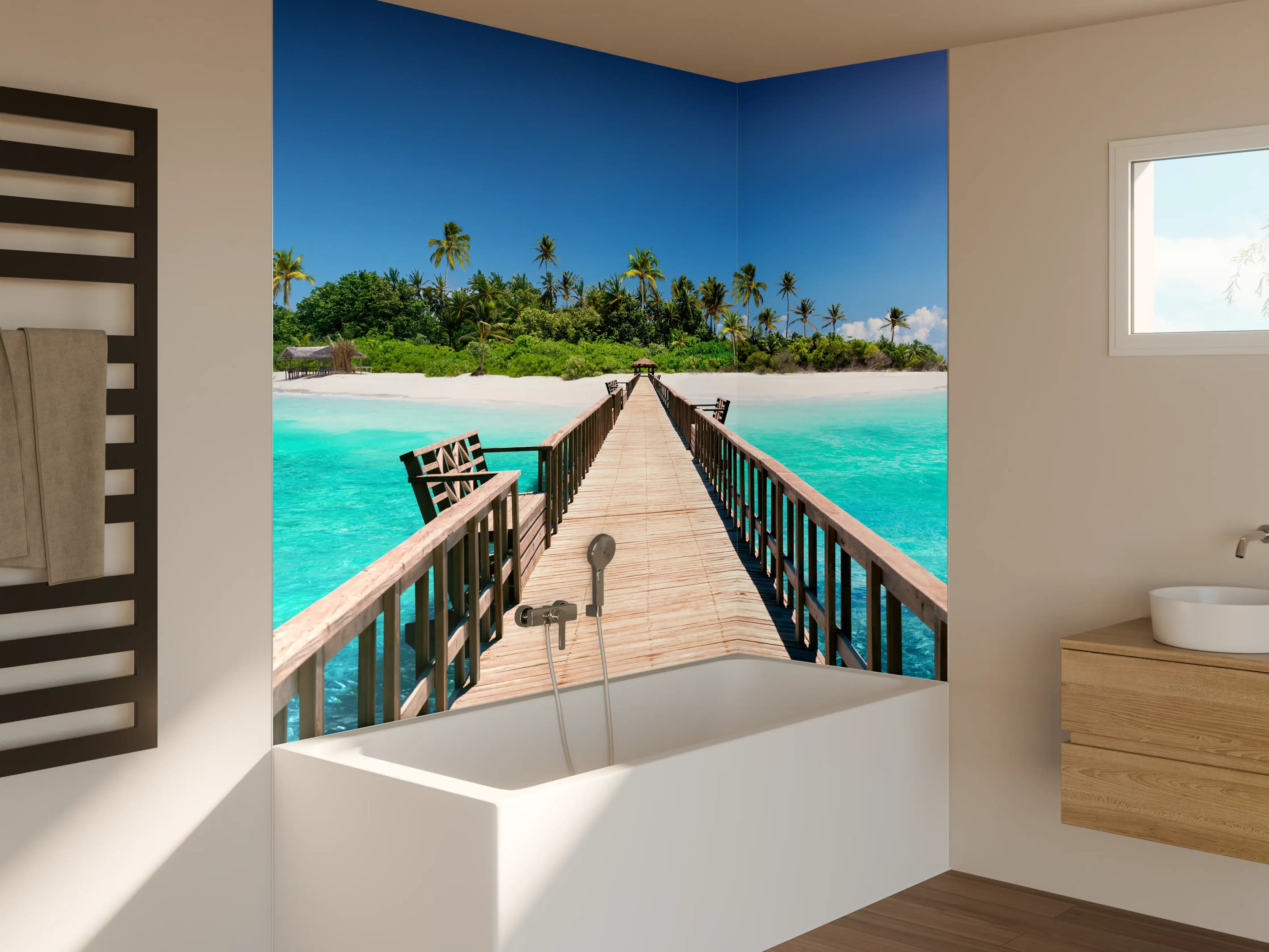 Badewannen-Rückwand - Holzsteg zur tropischen Insel