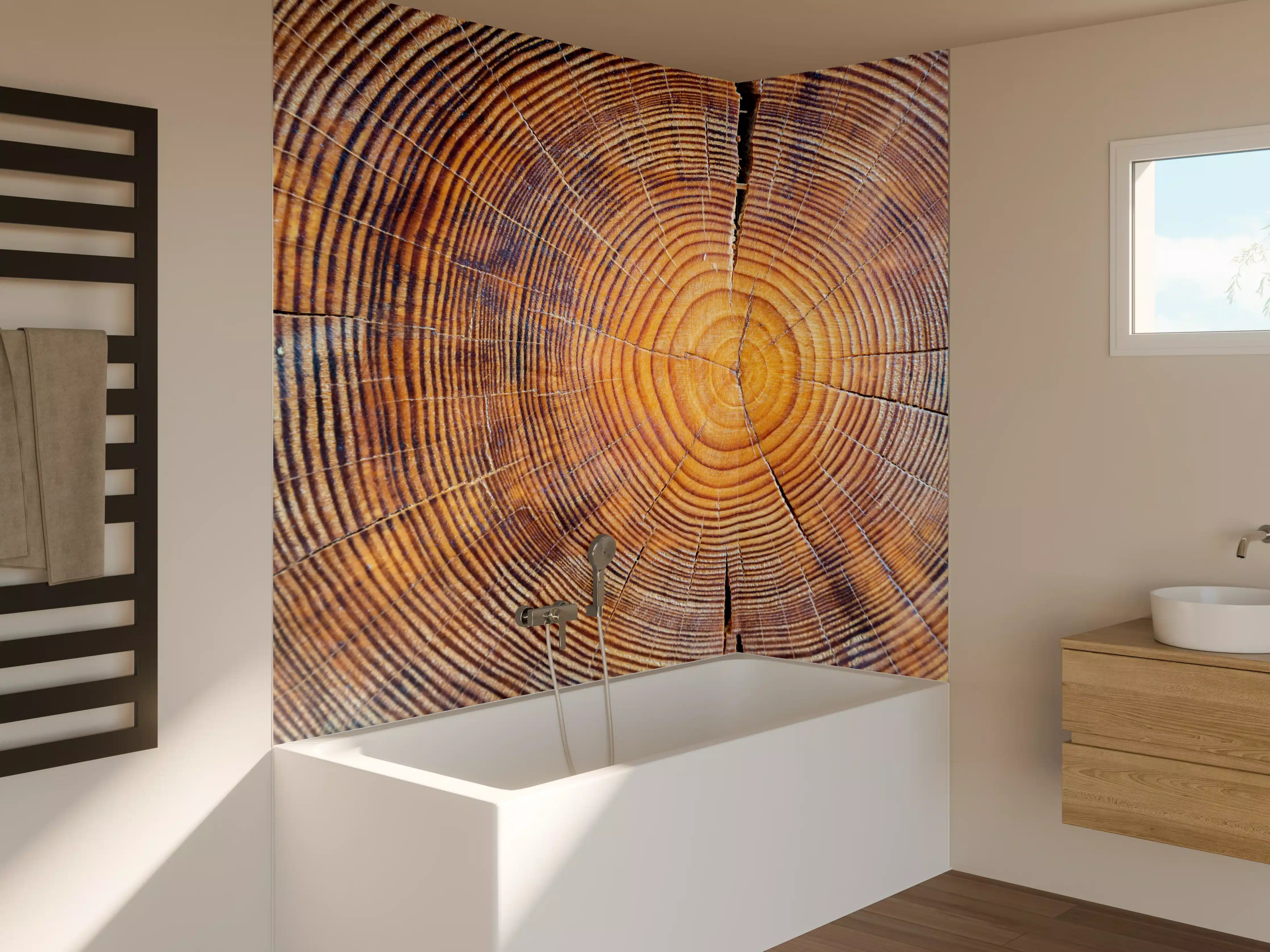 Badewannen-Rückwand - Holzstruktur Nahaufnahme in warmen Tönen