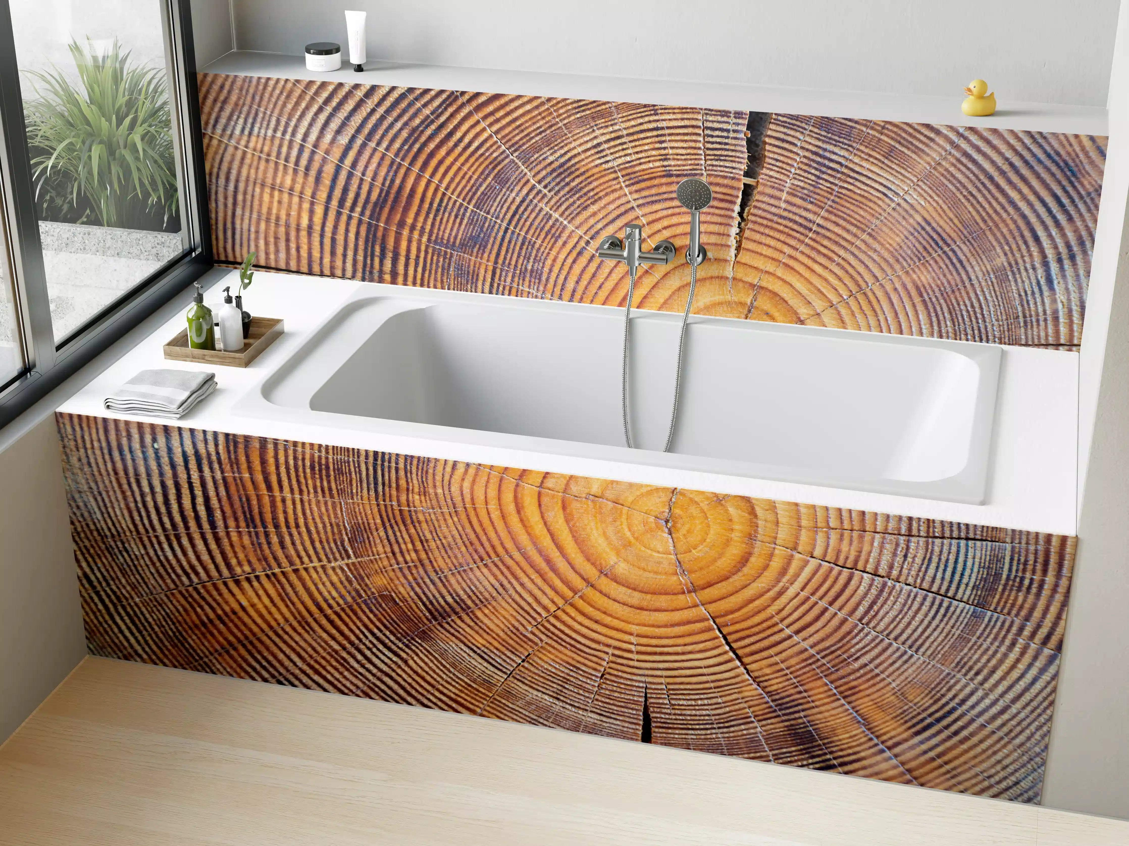 Badewannen-Rückwand - Holzstruktur Nahaufnahme in warmen Tönen