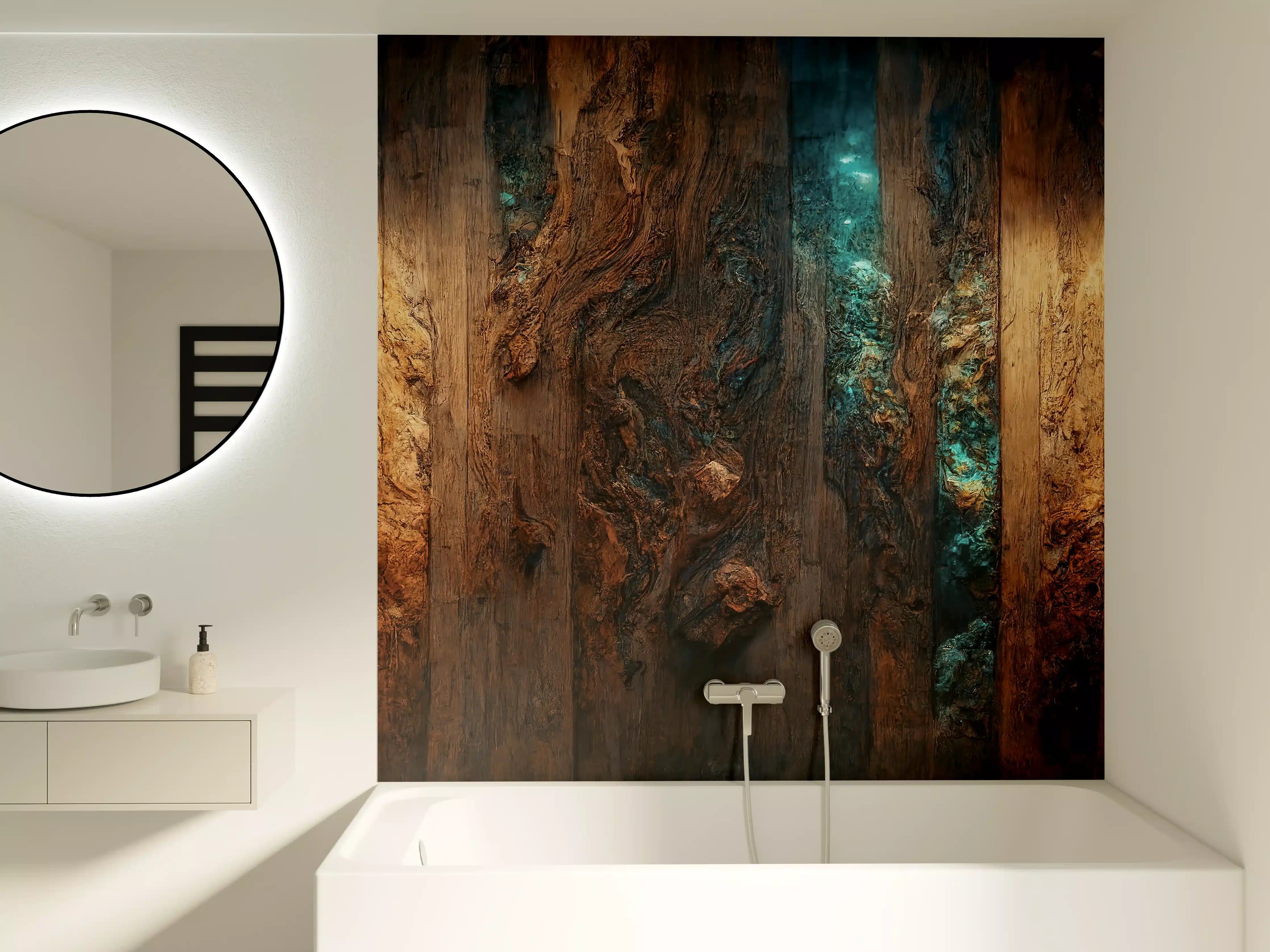 Badewannen-Rückwand - Holztisch mit blauen Epoxidharz