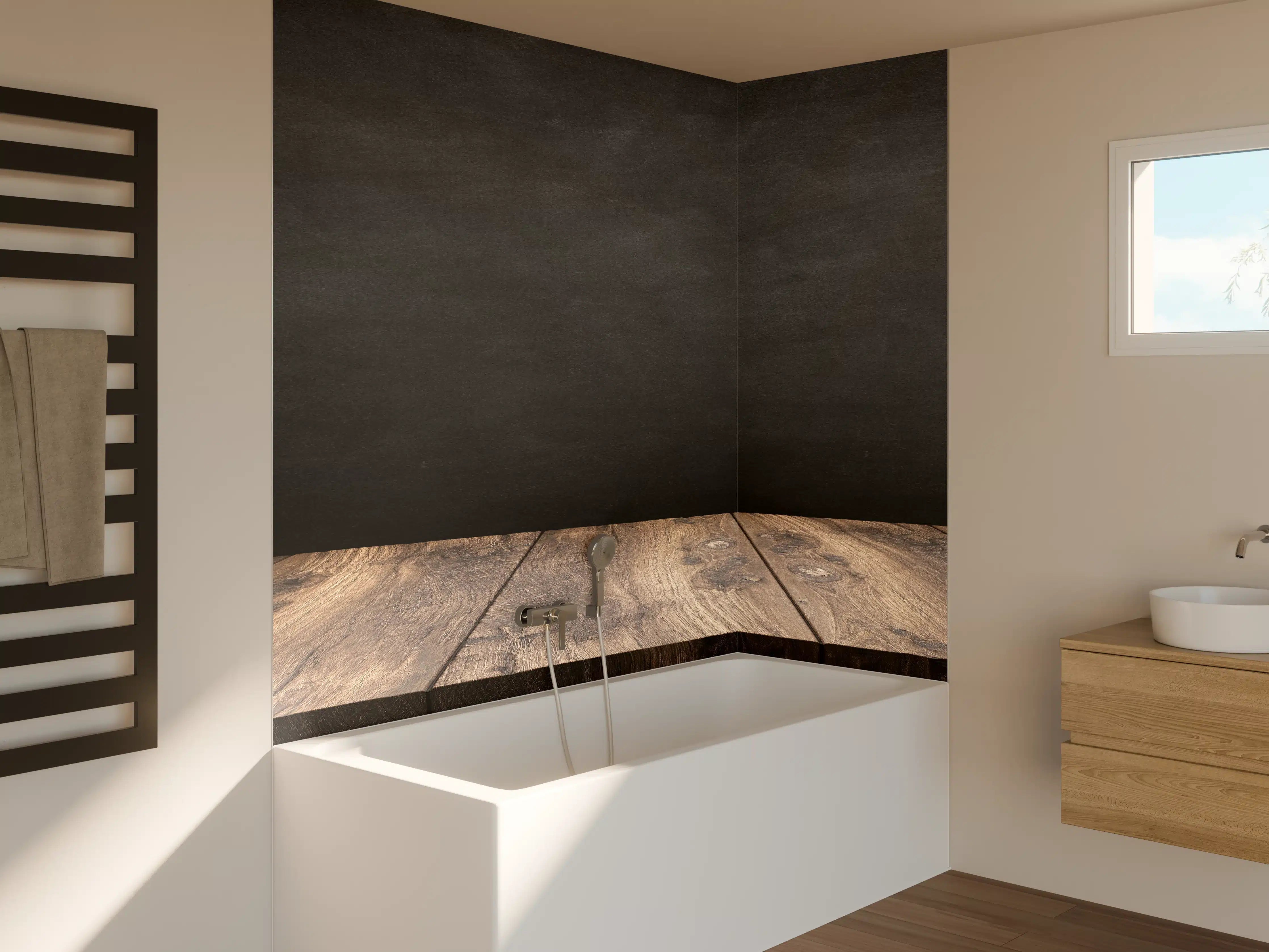 Badewannen-Rückwand - Holztisch mit schwarzer Wandtafel