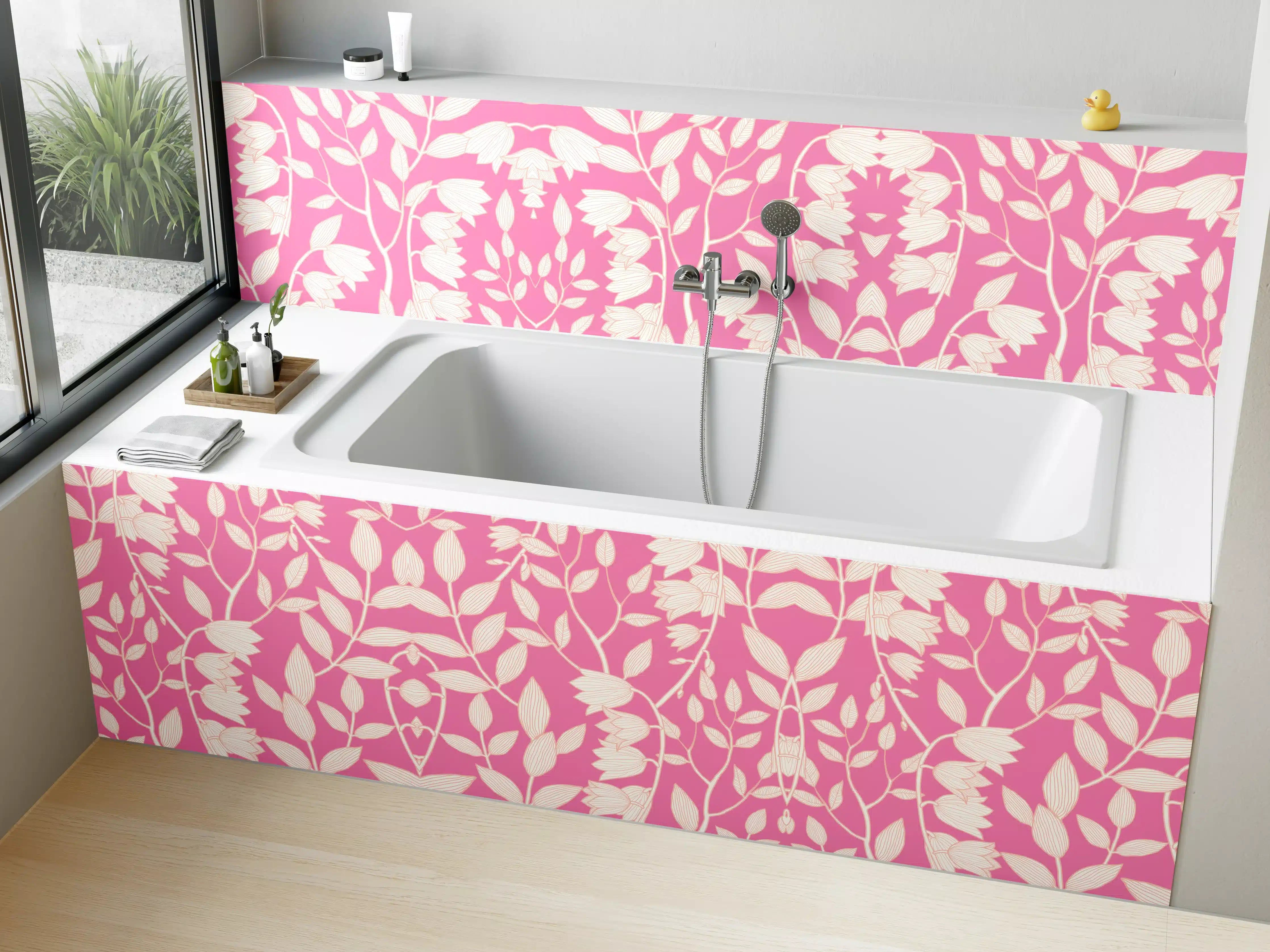Badewannen-Rückwand - Hübsches Blumenmuster in Pink und Weiß