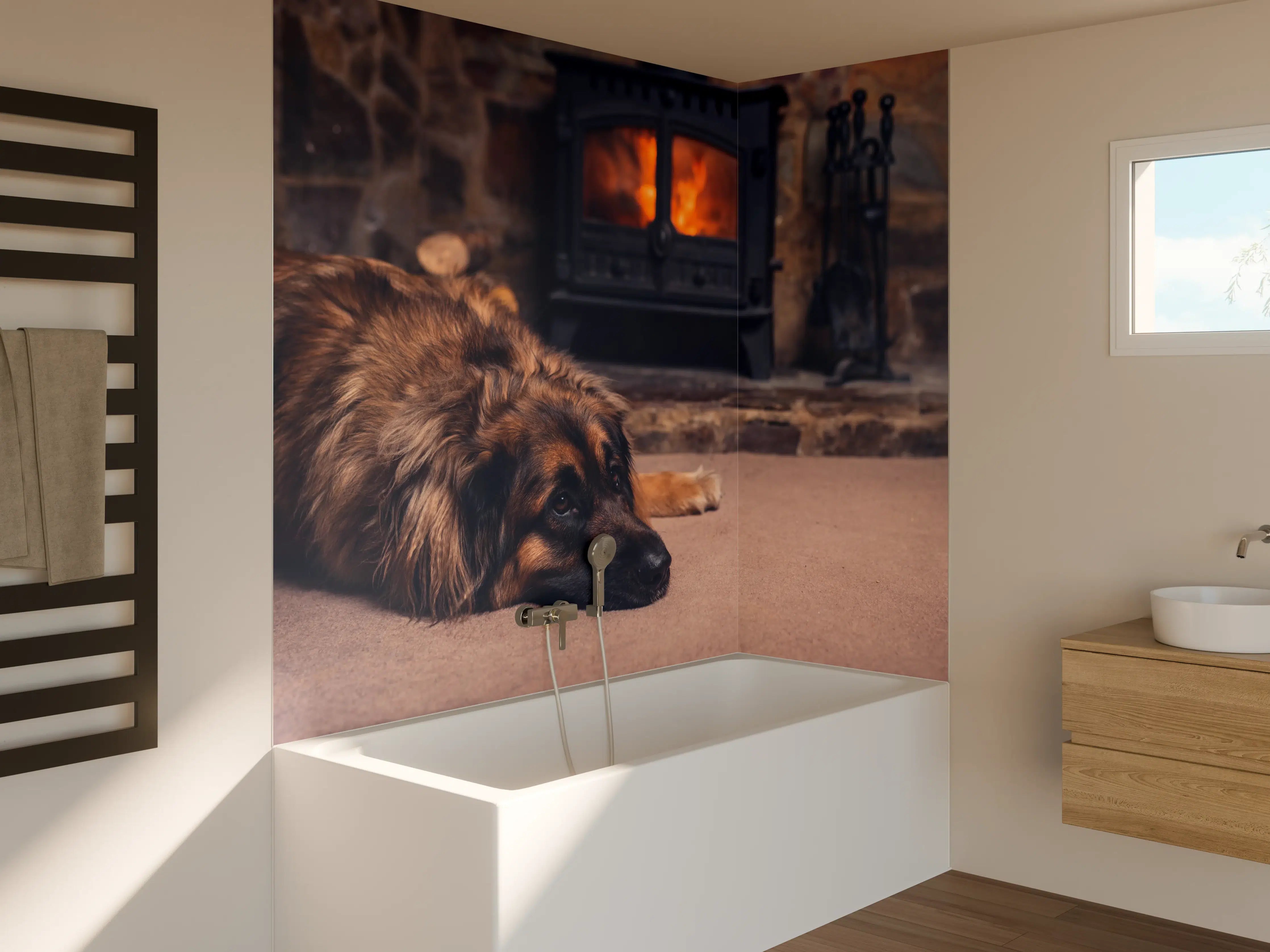 Badewannen-Rückwand - Hund entspannt am Feuer