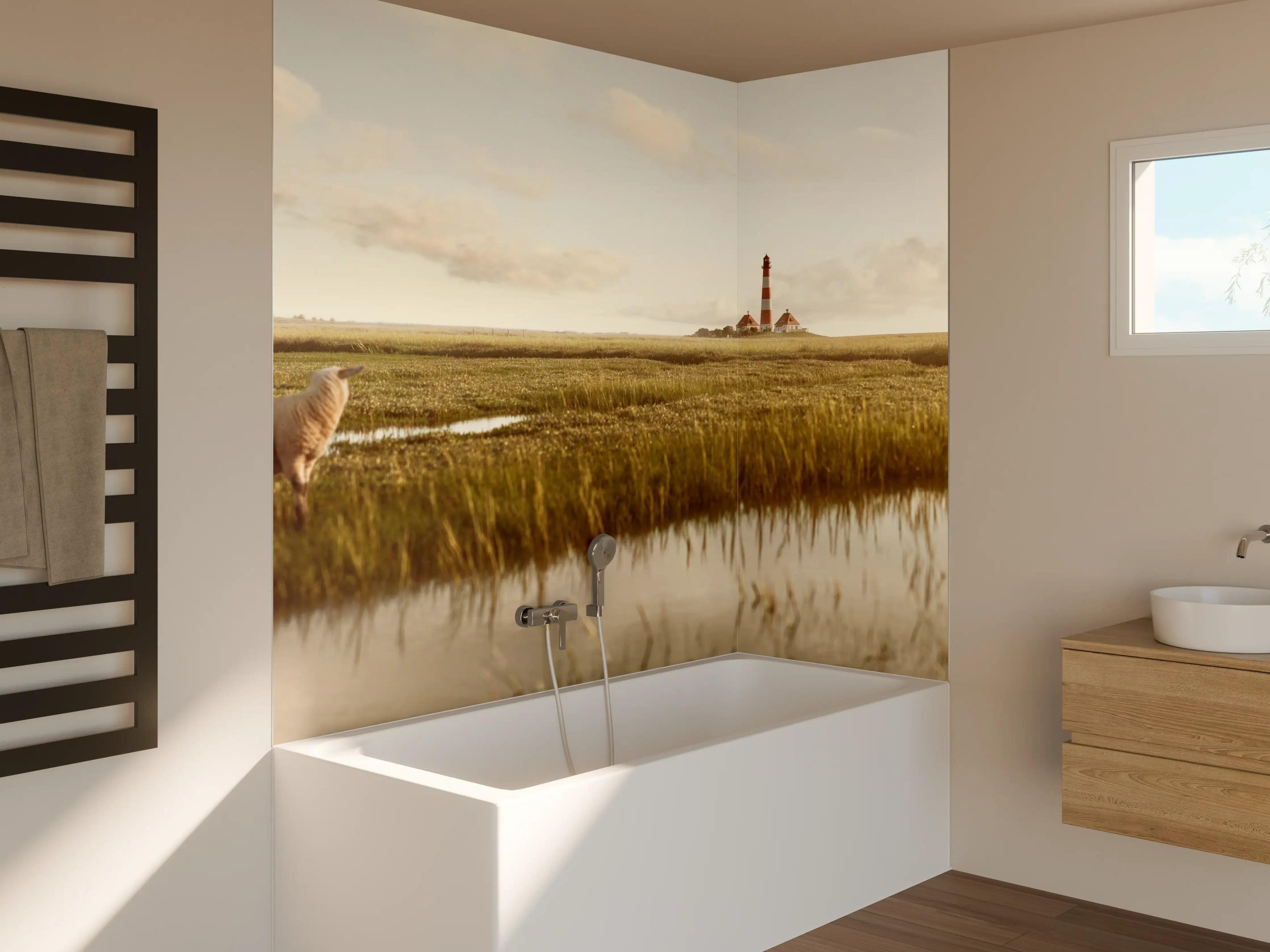 Badewannen-Rückwand - Idyllische Landschaft mit Leuchtturm und Schafen