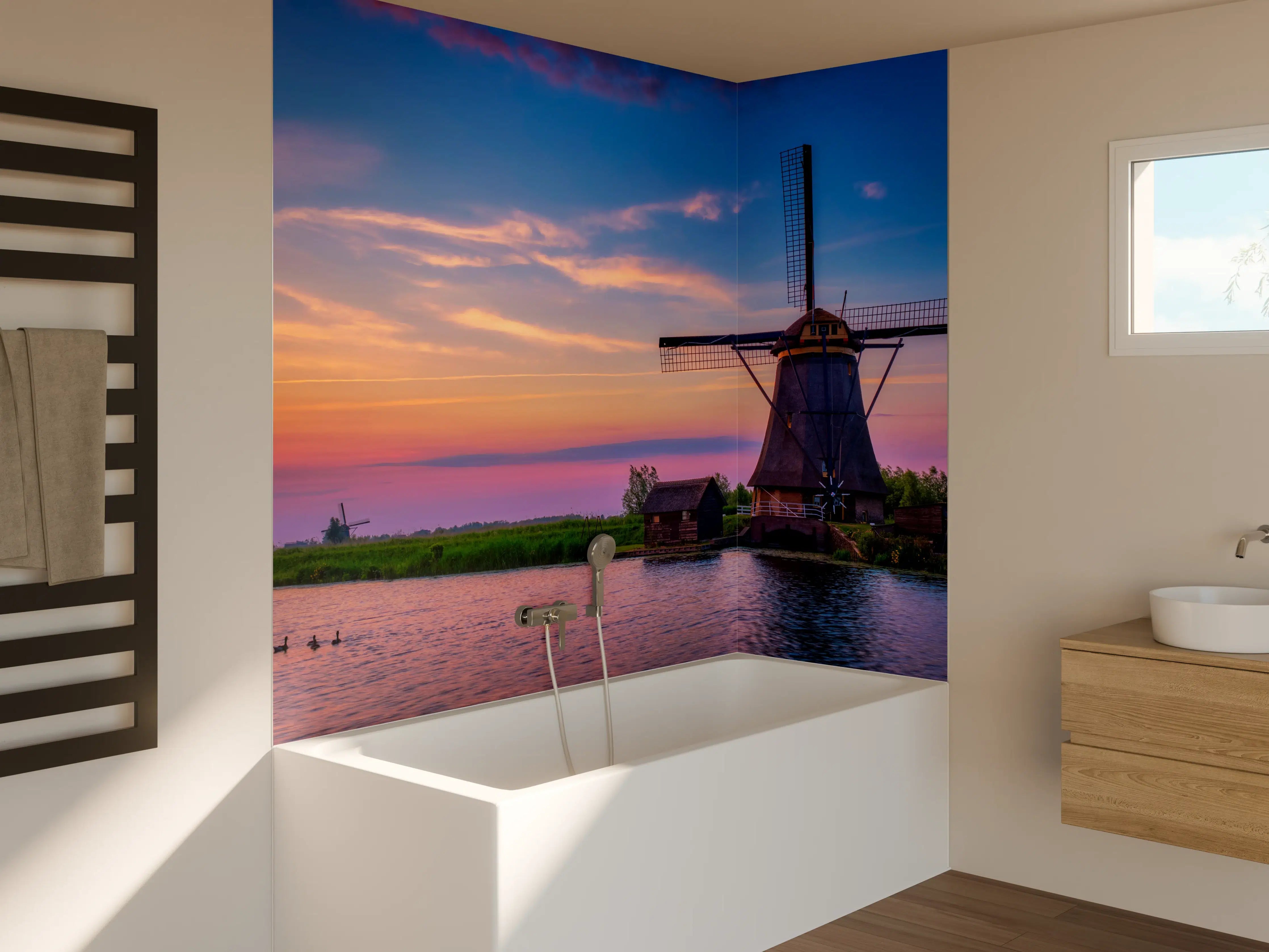 Badewannen-Rückwand - Idyllische Windmühlen in Kinderdijk