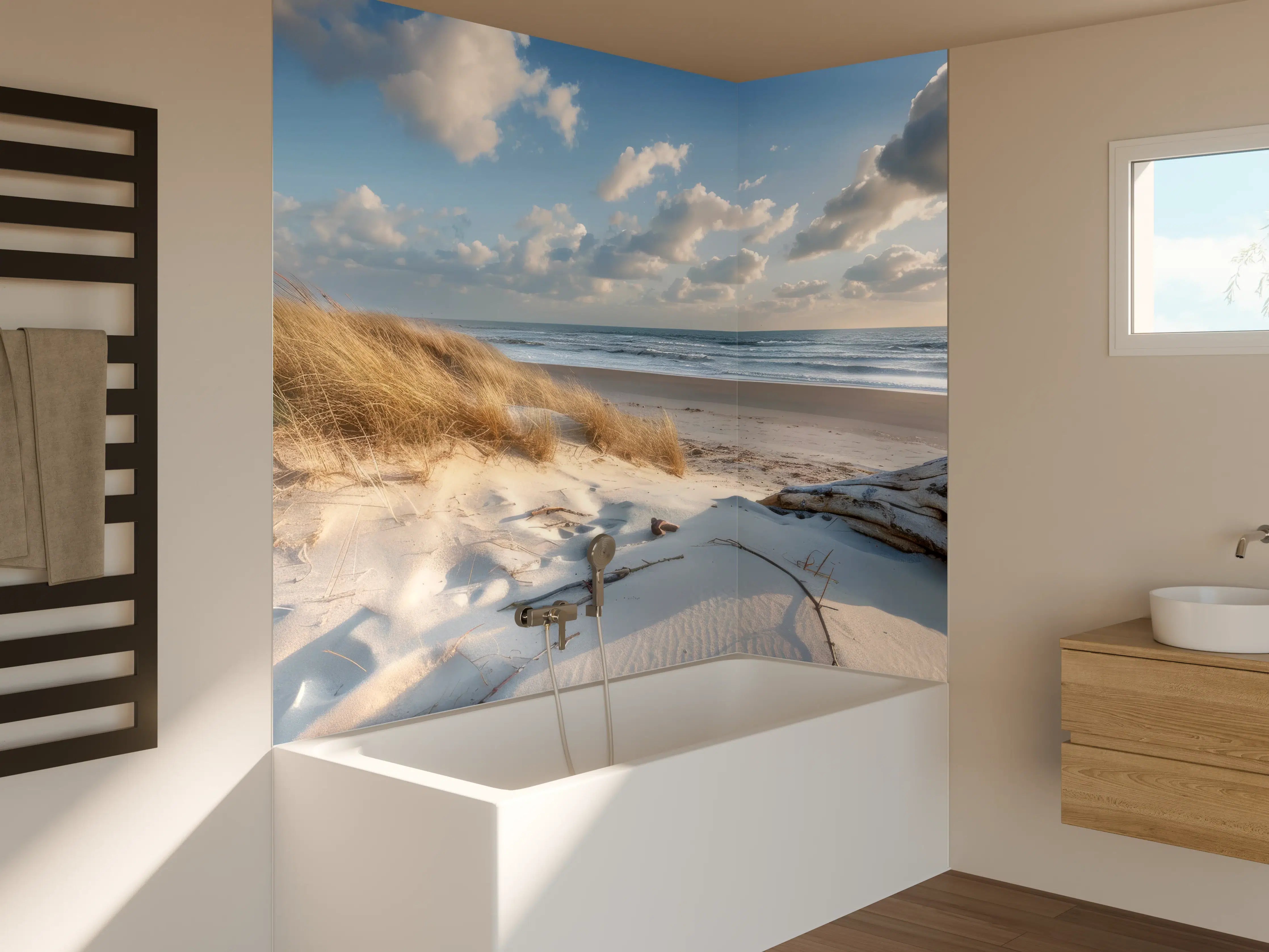 Badewannen-Rückwand - Idyllischer Strand mit Grautönen