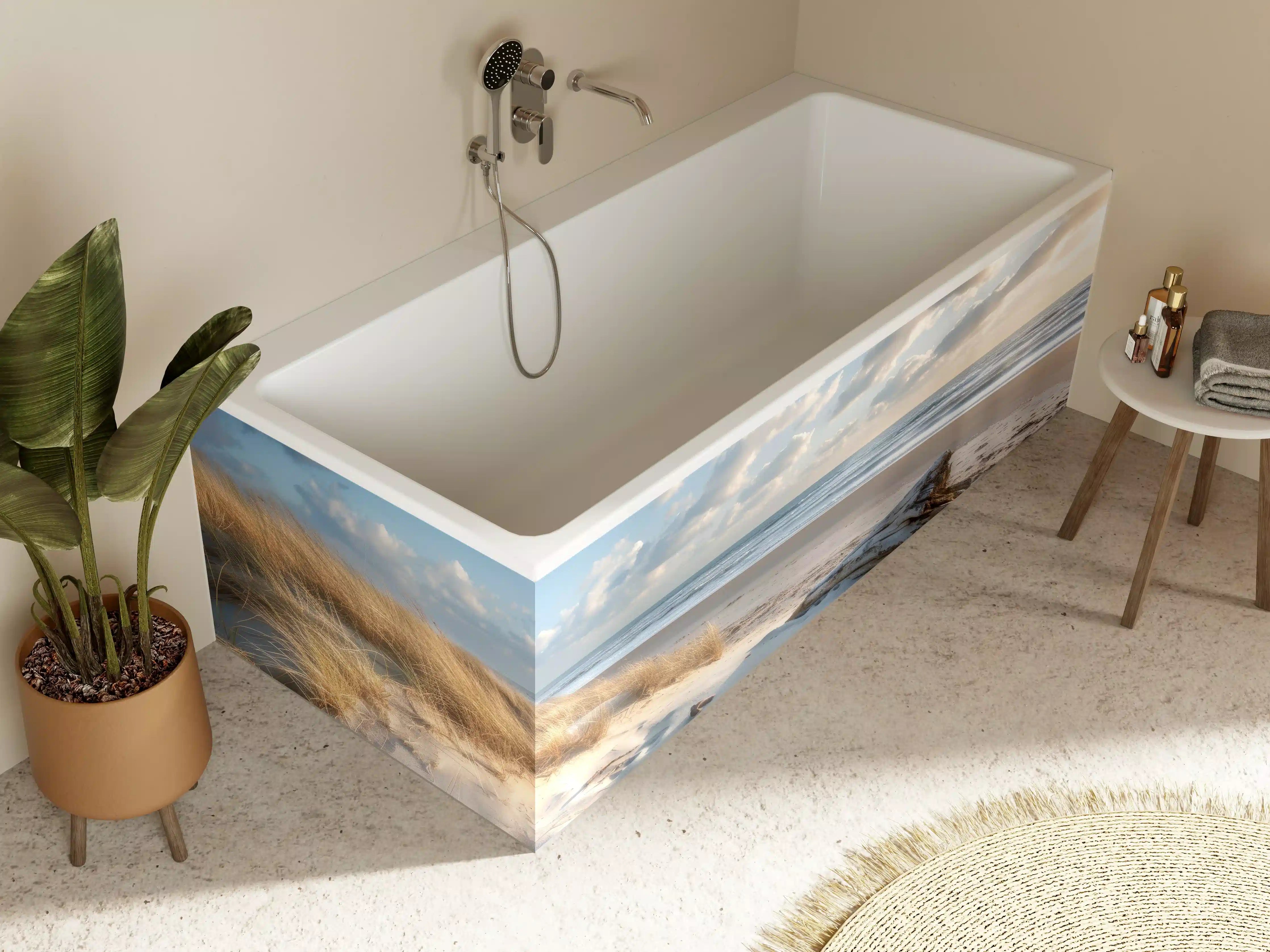 Badewannen-Rückwand - Idyllischer Strand mit Grautönen