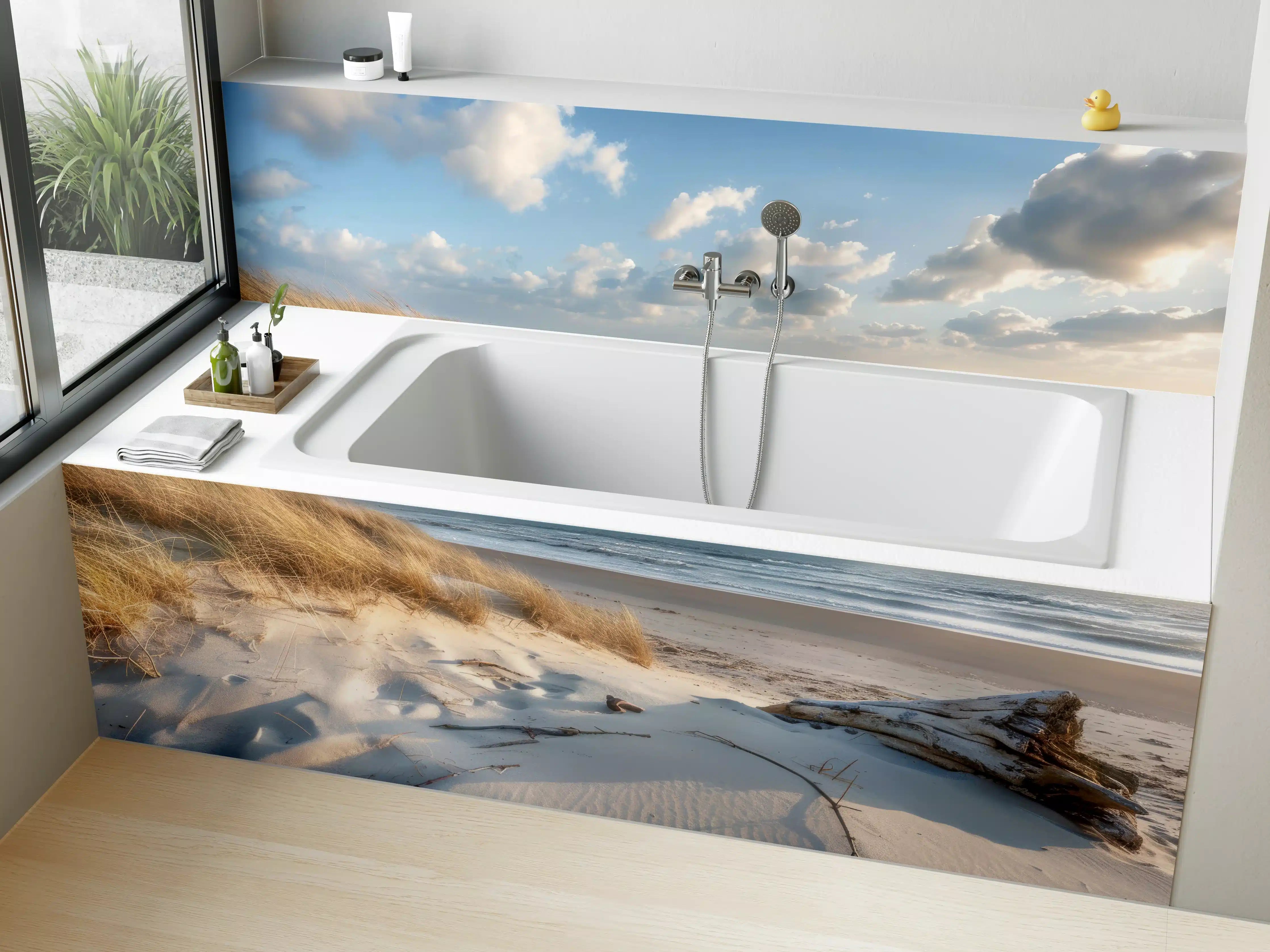 Badewannen-Rückwand - Idyllischer Strand mit Grautönen