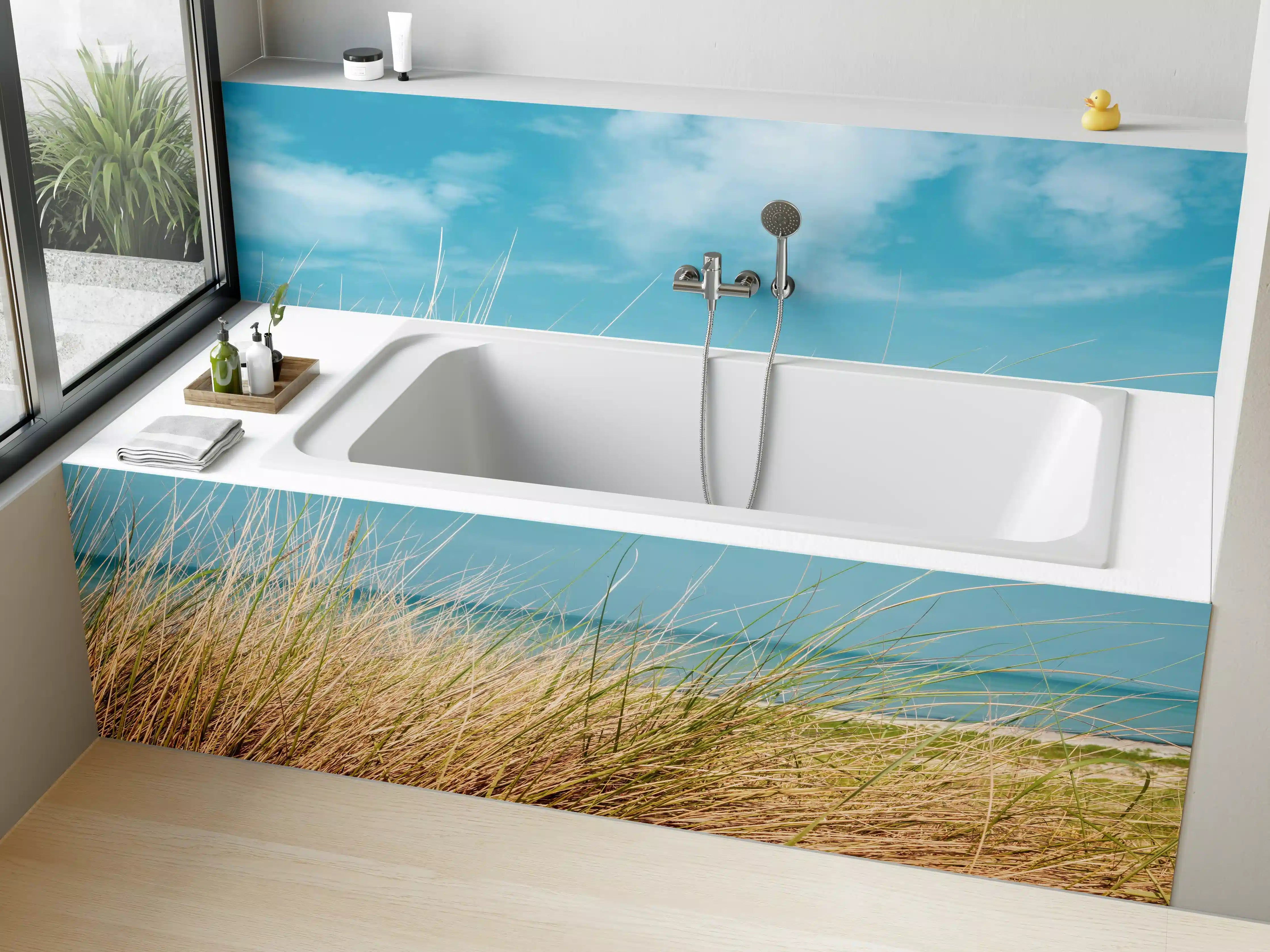 Badewannen-Rückwand - Idyllischer Strand mit blühendem Gras