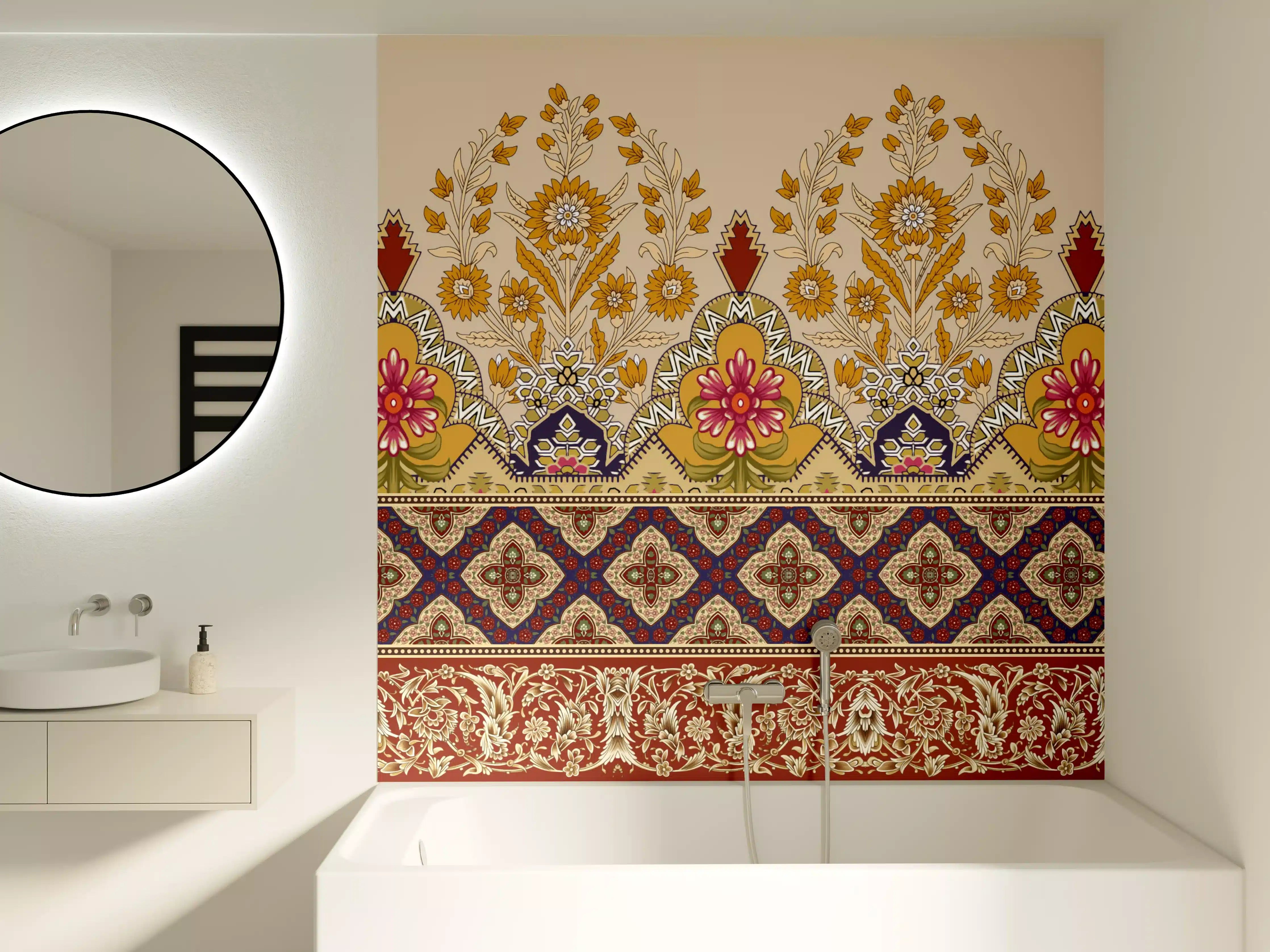 Badewannen-Rückwand - Indische Ornamentale Muster mit Goldakzenten