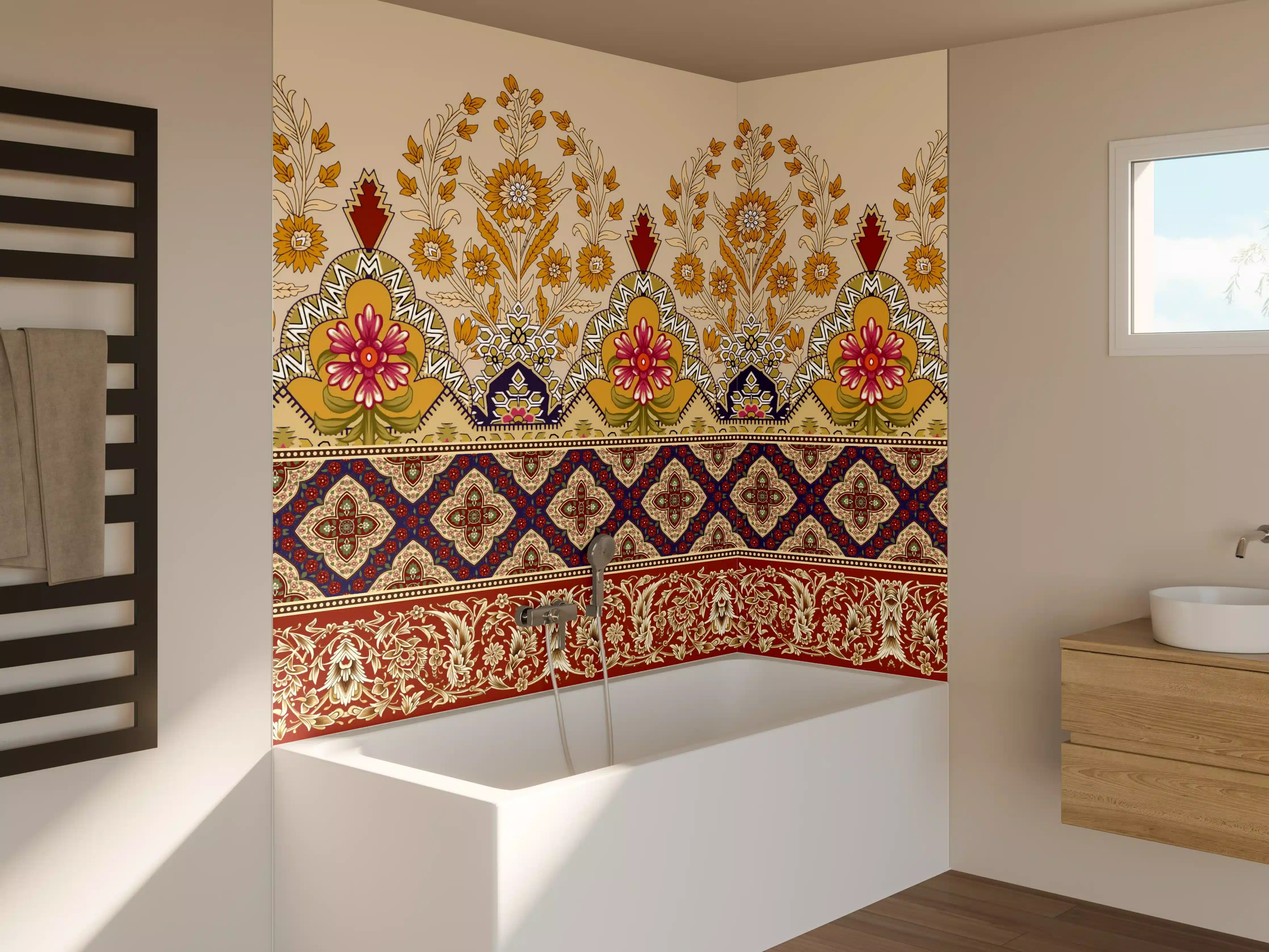 Badewannen-Rückwand - Indische Ornamentale Muster mit Goldakzenten