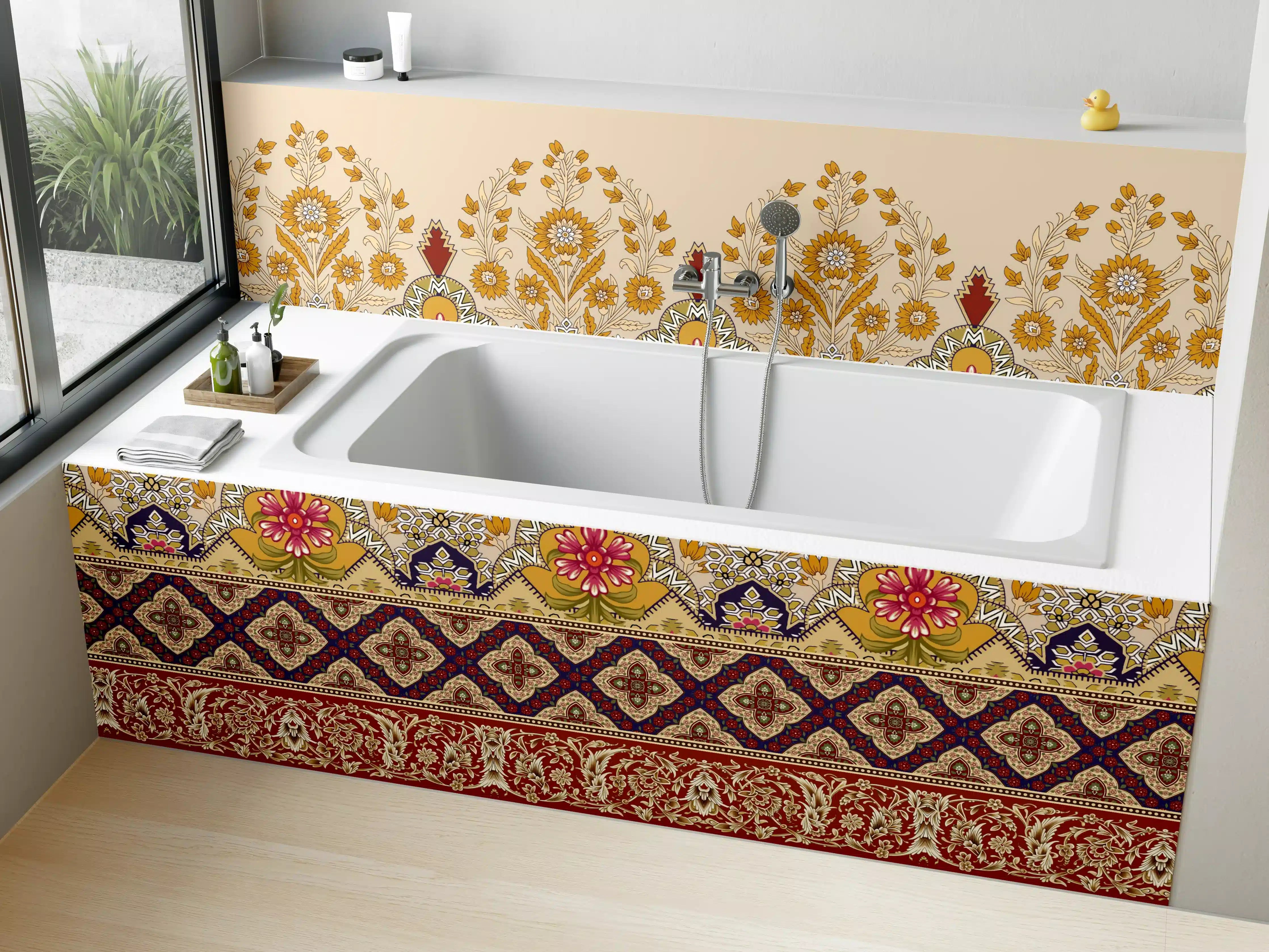 Badewannen-Rückwand - Indische Ornamentale Muster mit Goldakzenten