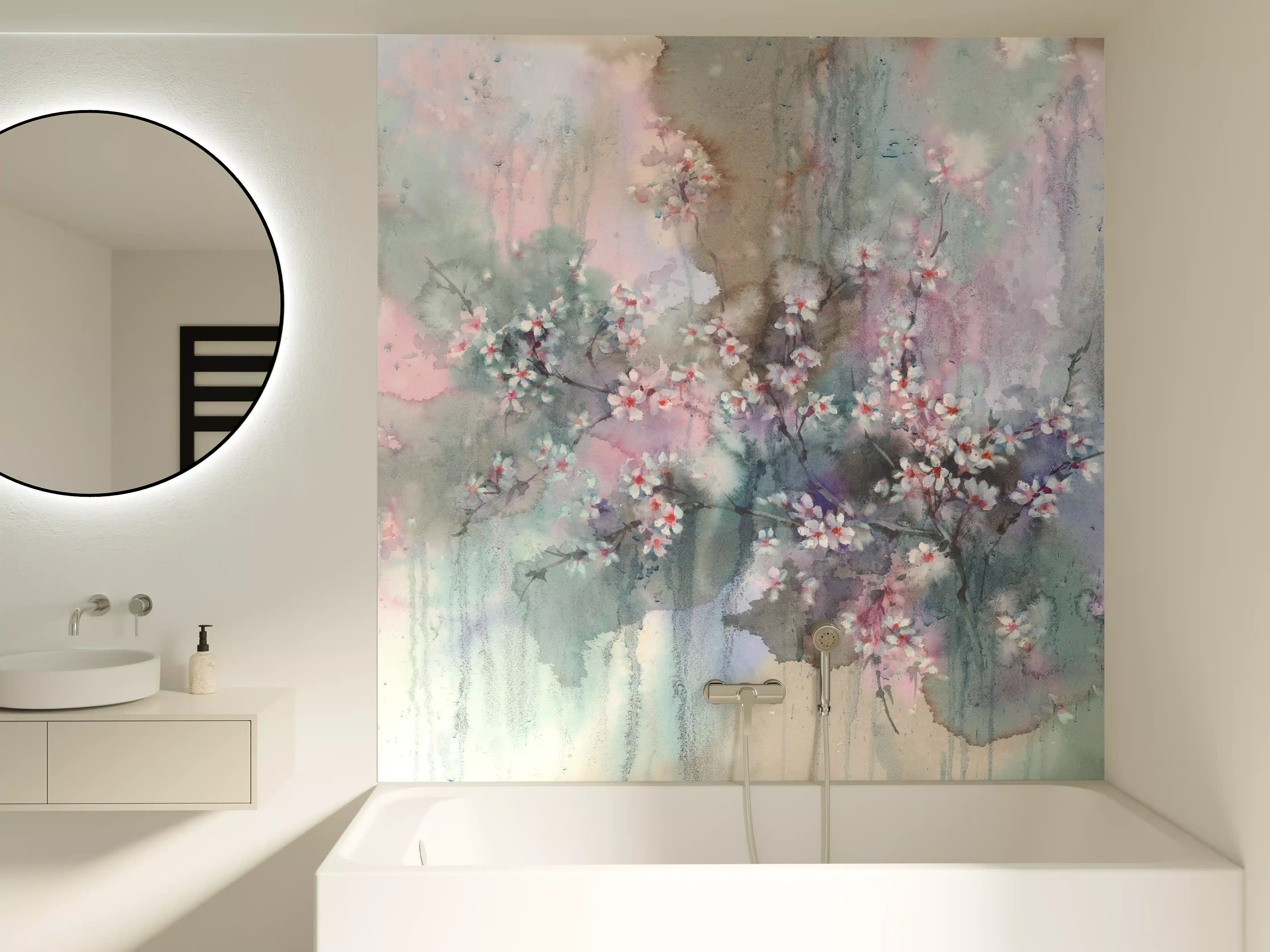 Badewannen-Rückwand - Japanische Kirchblüten mit Aquarell Muster