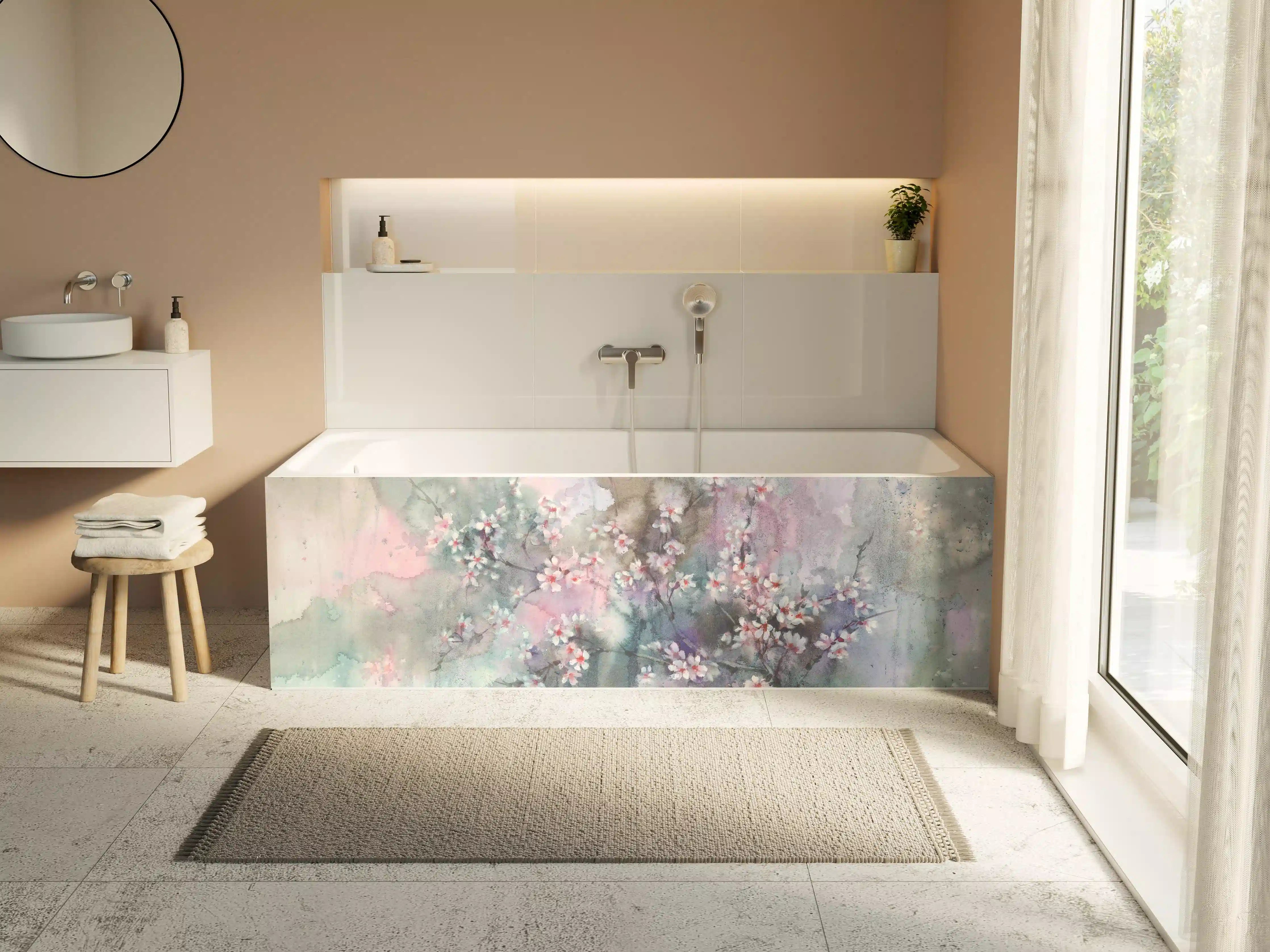 Badewannen-Rückwand - Japanische Kirchblüten mit Aquarell Muster