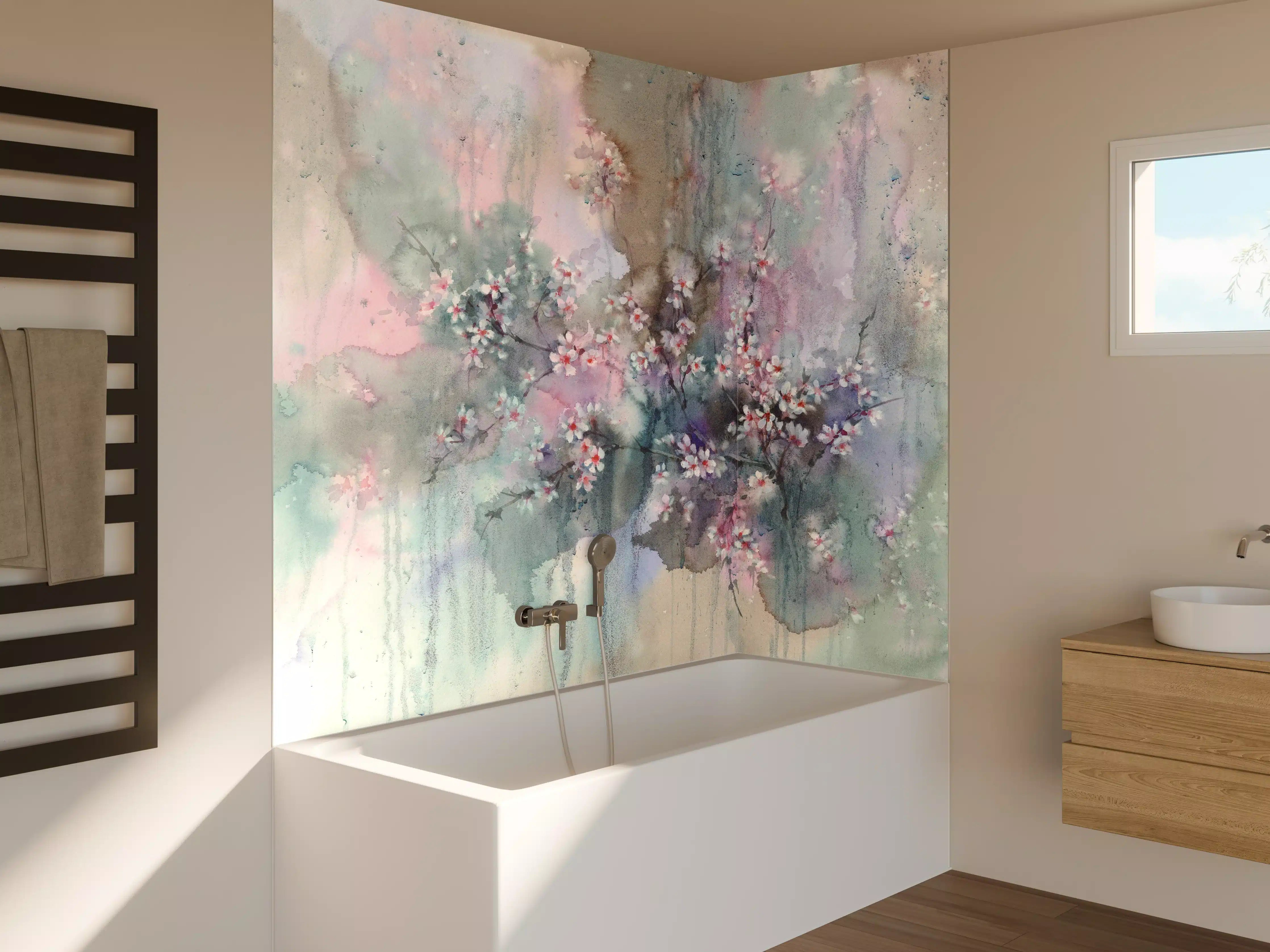 Badewannen-Rückwand - Japanische Kirchblüten mit Aquarell Muster