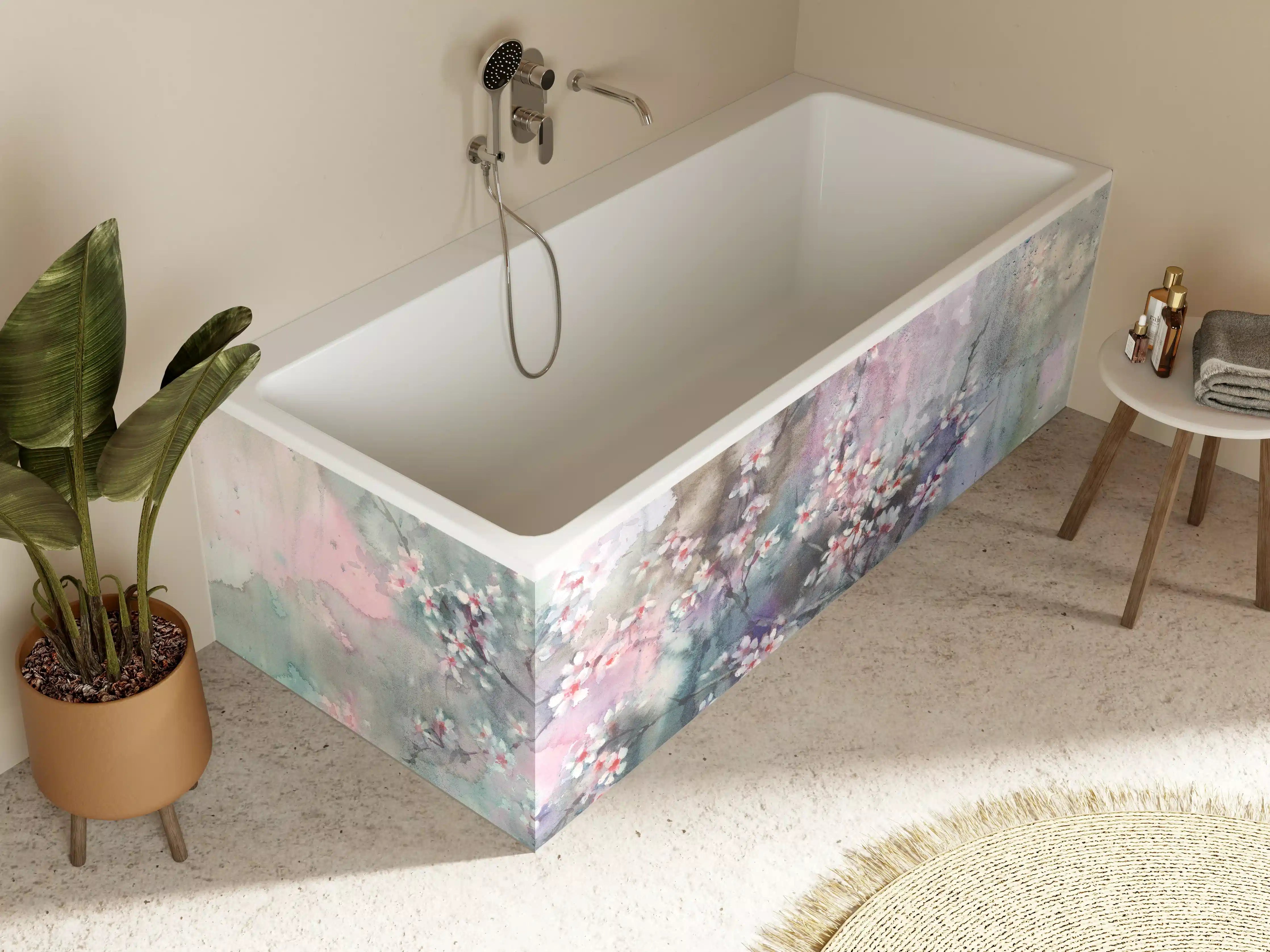 Badewannen-Rückwand - Japanische Kirchblüten mit Aquarell Muster