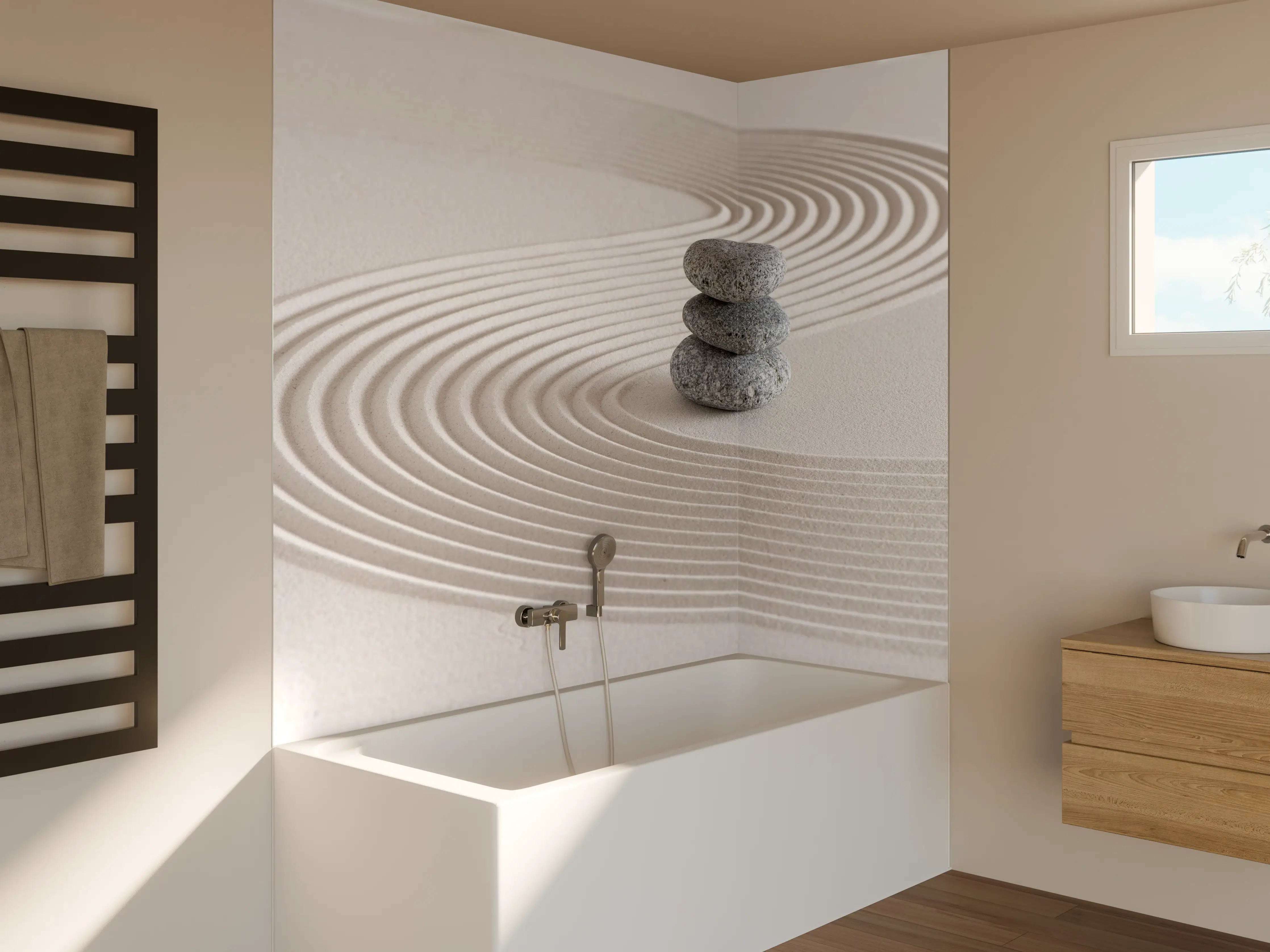 Badewannen-Rückwand - Japanischer Zen-Garten auf Sand