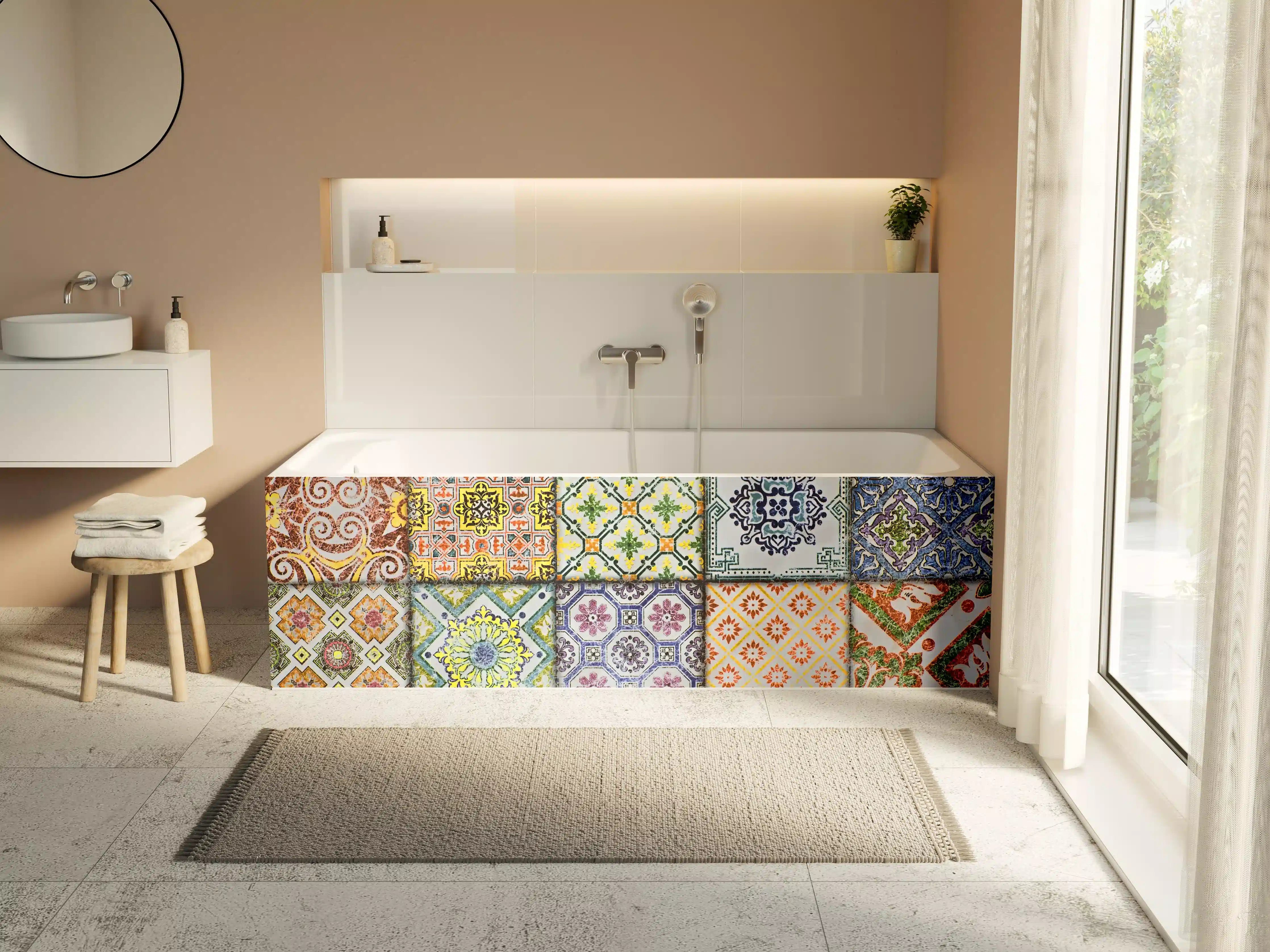 Badewannen-Rückwand - Kaleidoskopische Fliesenmuster in bunten Farben