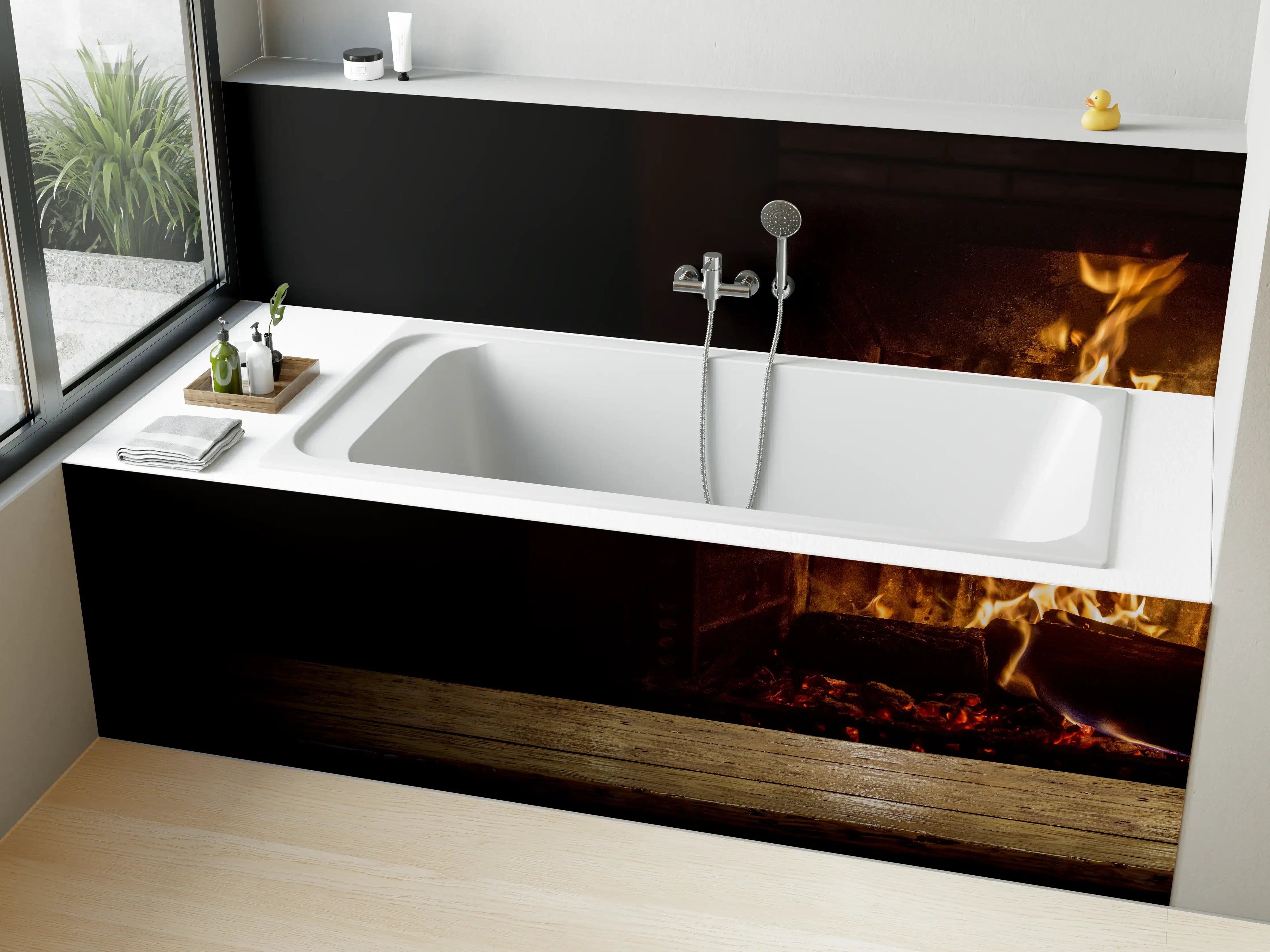 Badewannen-Rückwand - Kaminfeuer vor Holztisch