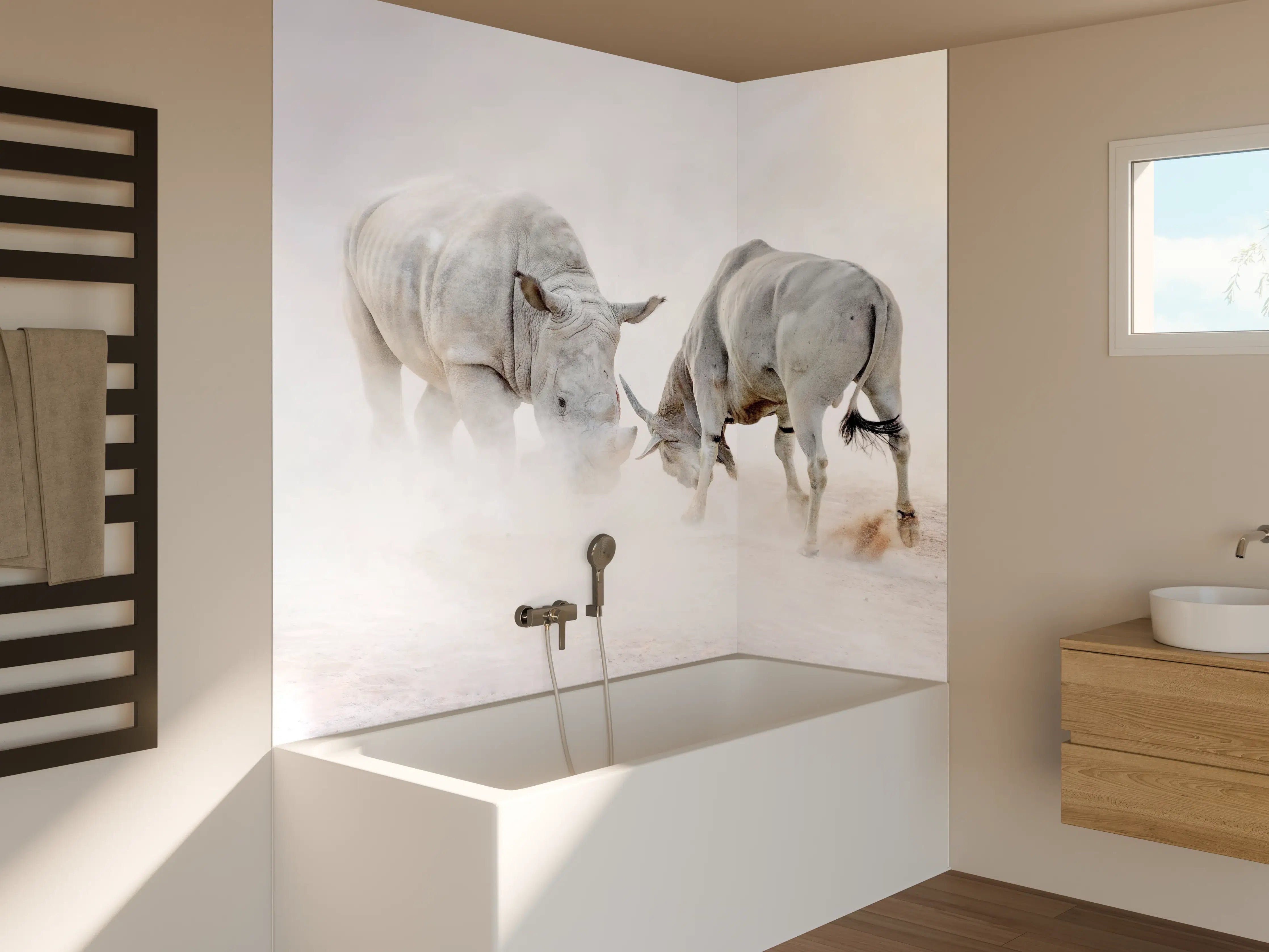Badewannen-Rückwand - Kampf zwischen Nashorn und Oryx
