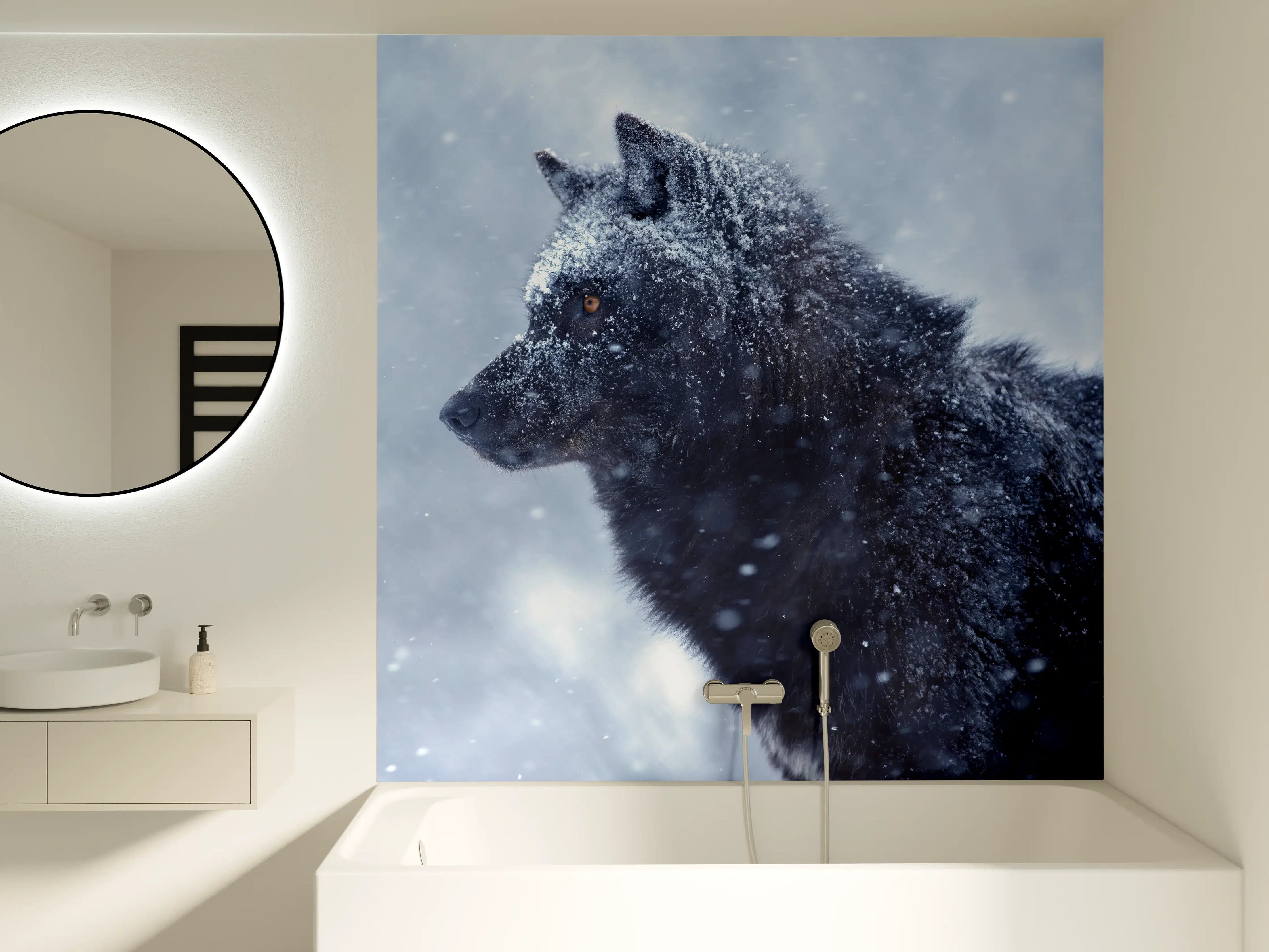 Badewannen-Rückwand - Kanadischer Wolf im Schneefall