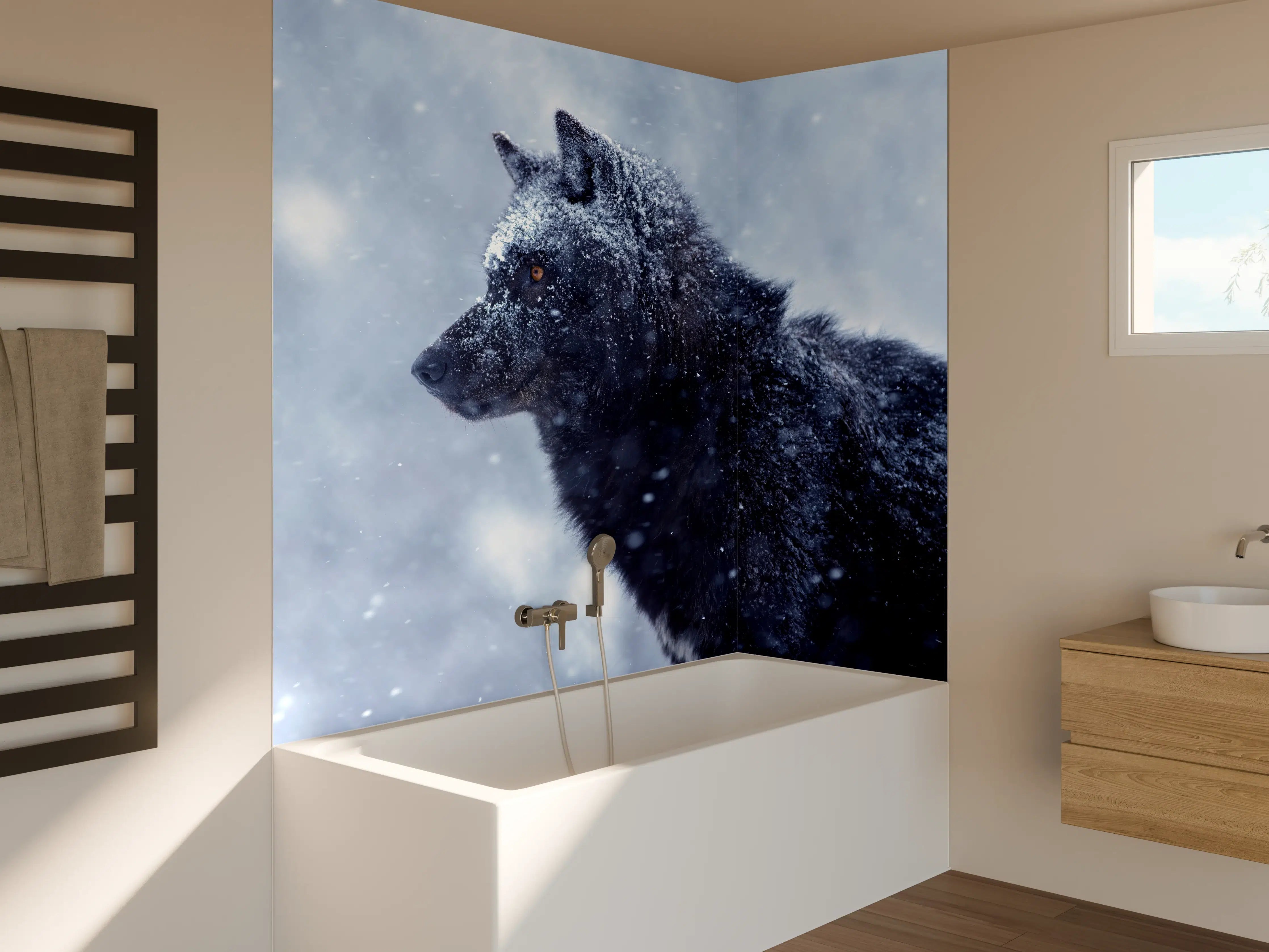 Badewannen-Rückwand - Kanadischer Wolf im Schneefall