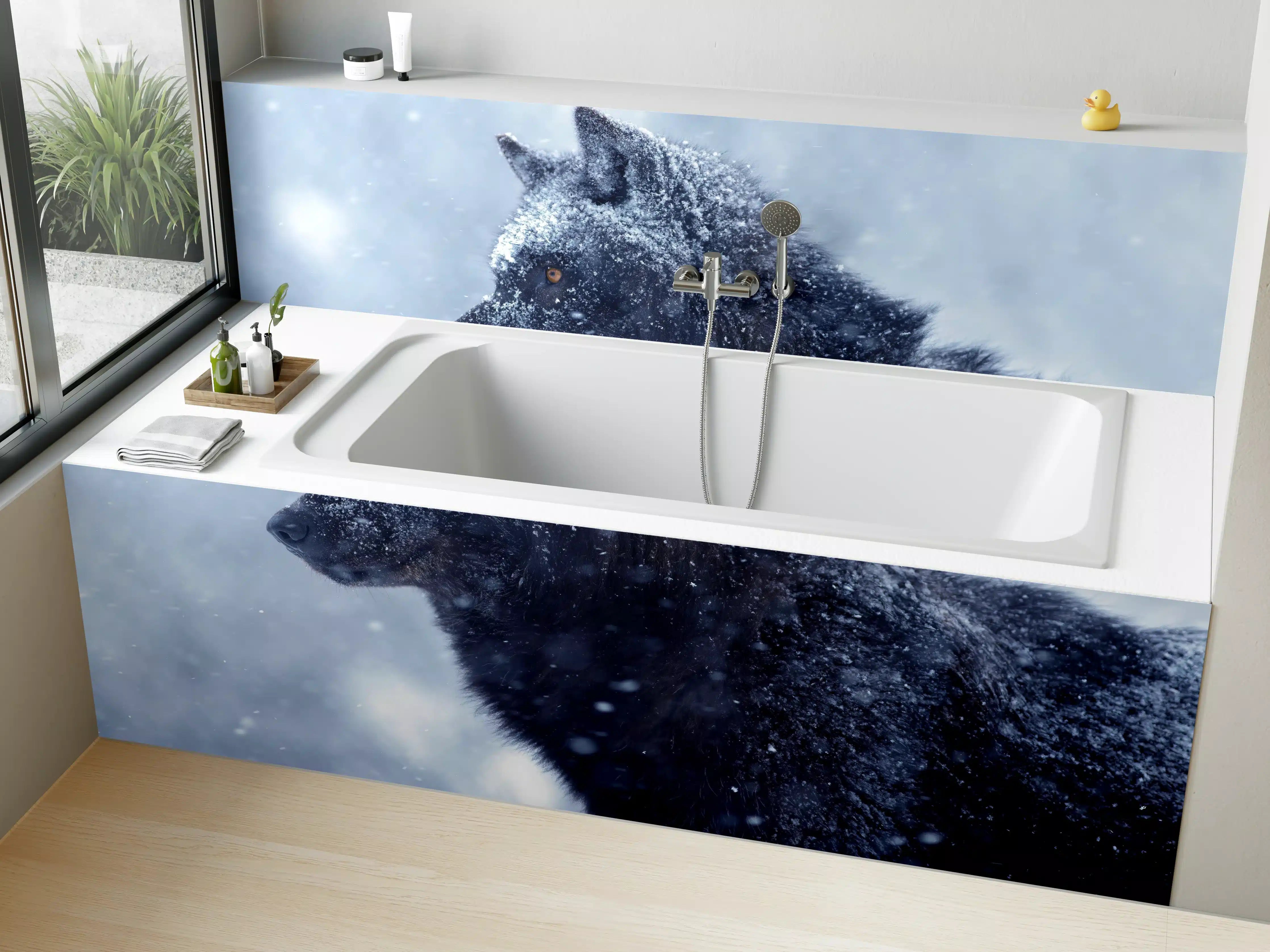Badewannen-Rückwand - Kanadischer Wolf im Schneefall