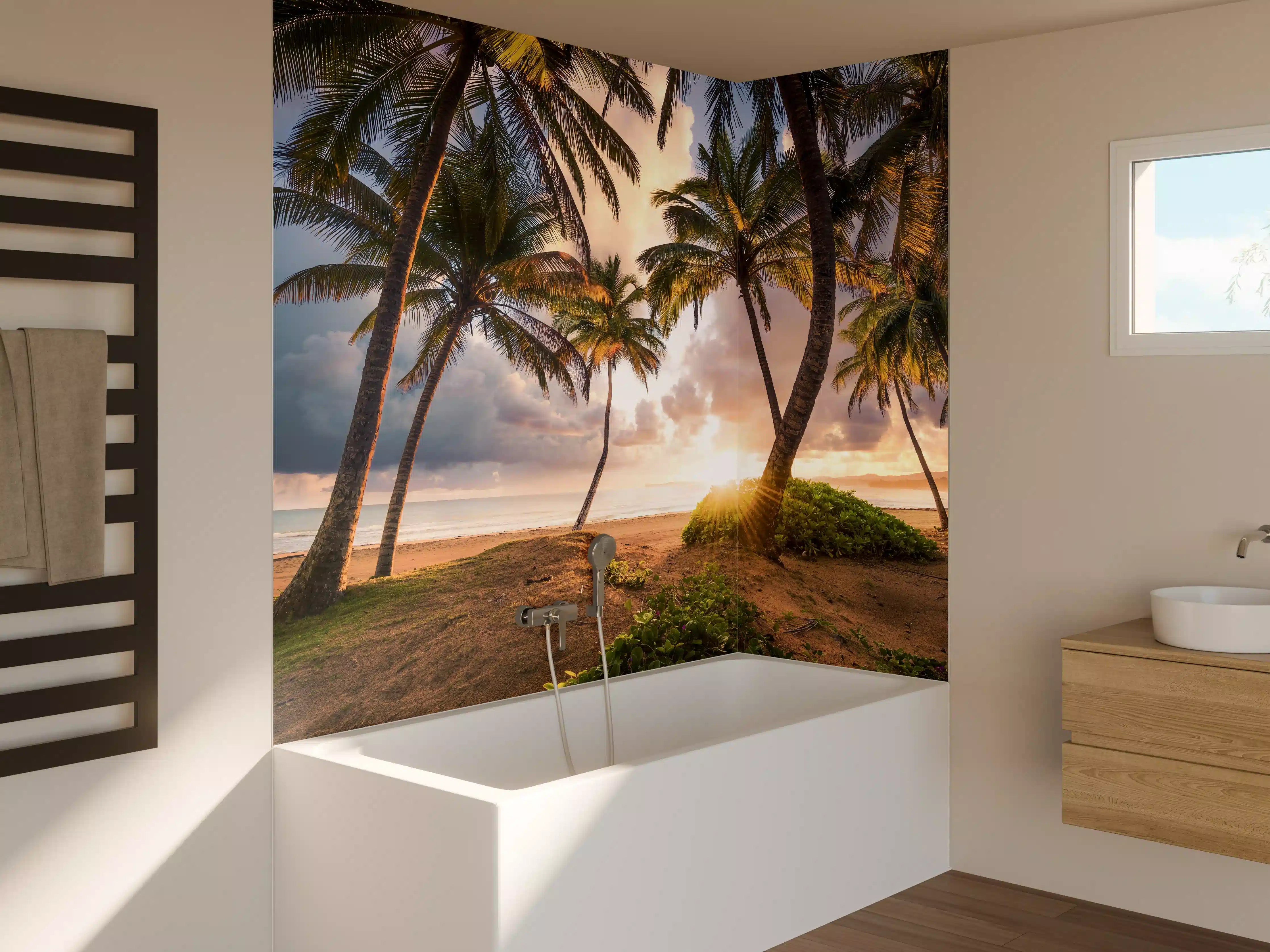 Badewannen-Rückwand - Karibik Strand Sonnenaufgang Palmen