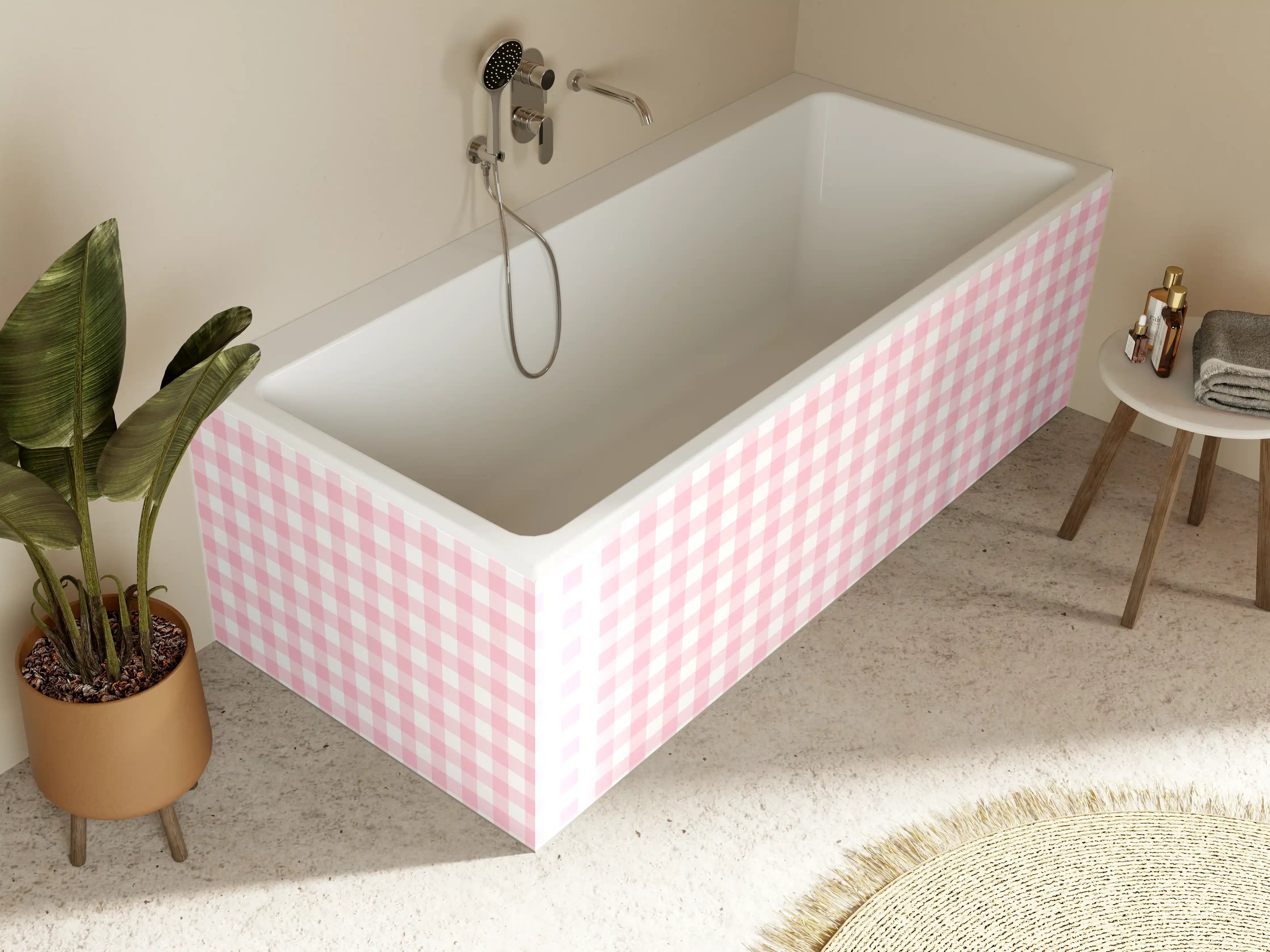 Badewannen-Rückwand - Kariertes Vichy Pastellrosa Muster mit weißem Hintergrund