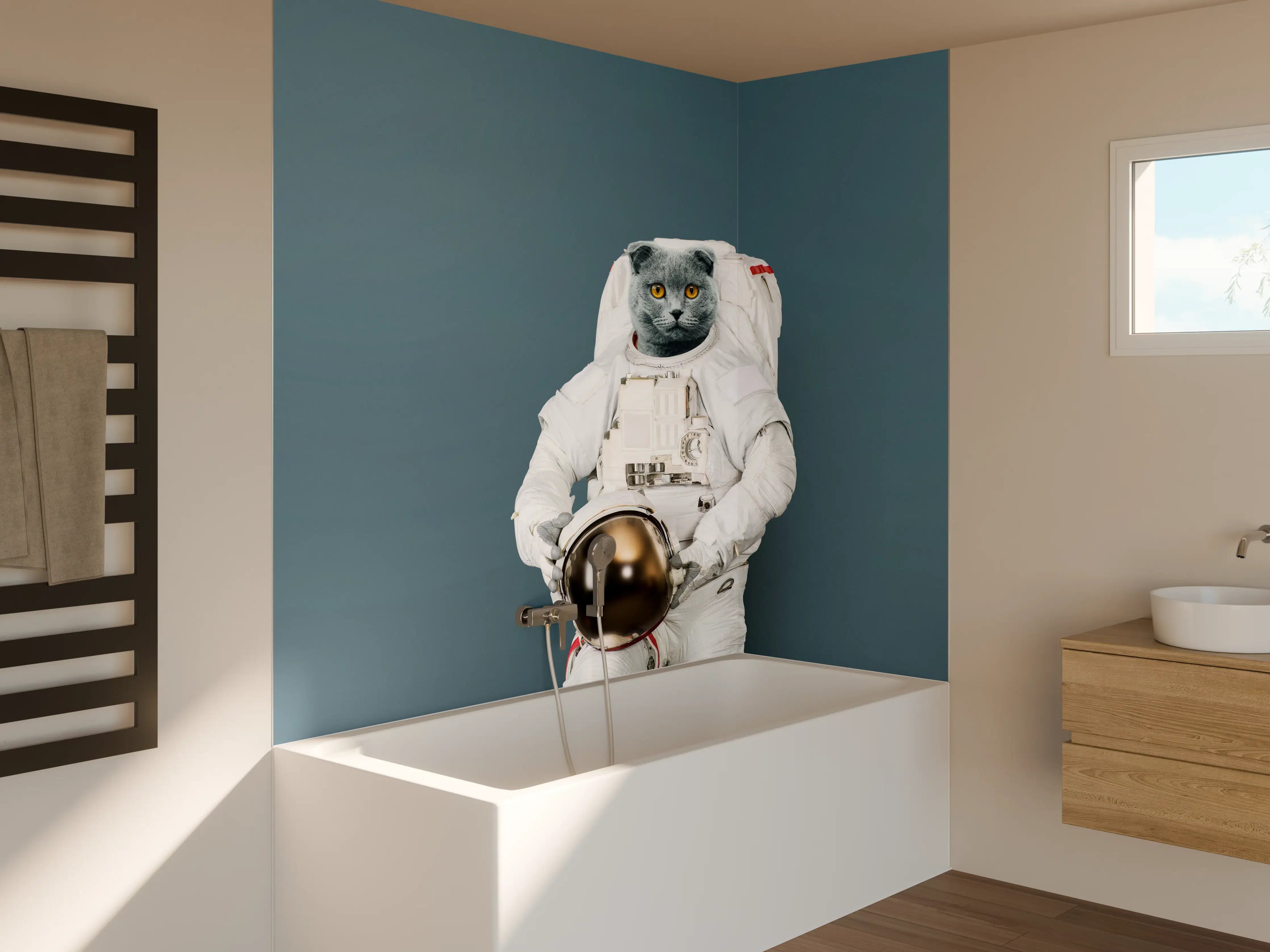 Badewannen-Rückwand - Katzen-Astronaut Grau-Helm