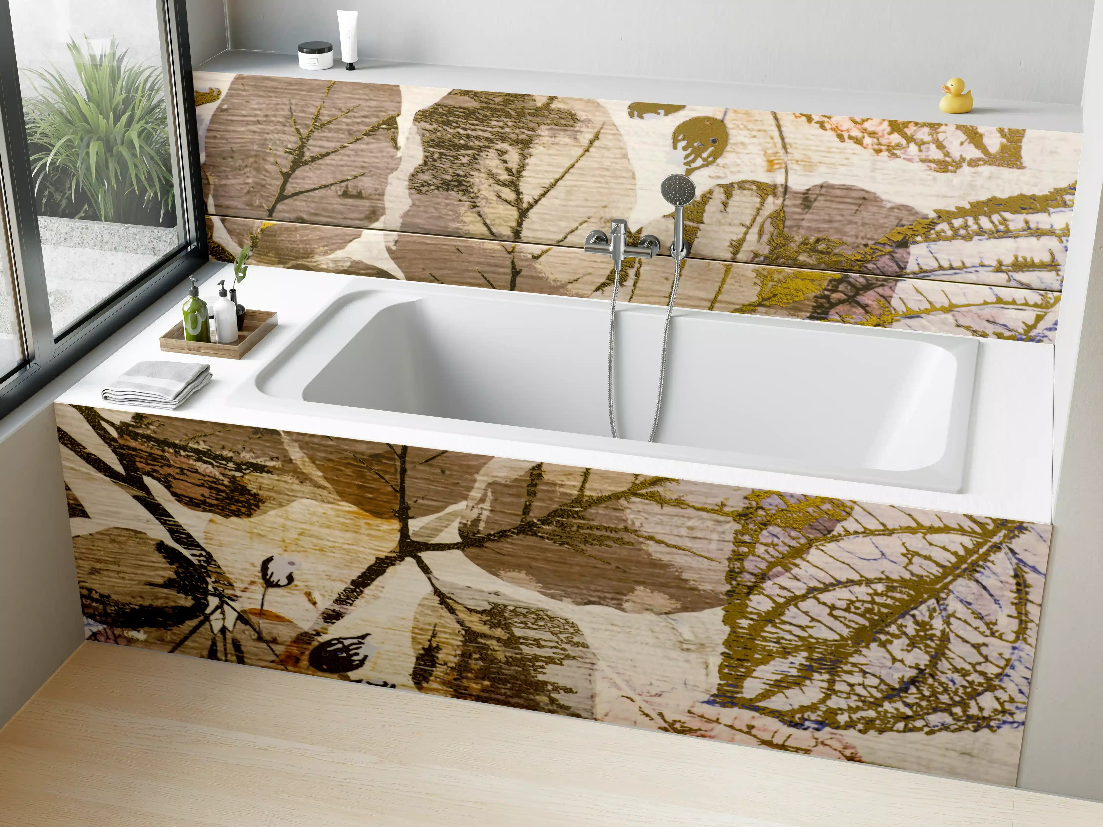 Badewannen-Rückwand - Keramikfliesen Blattmuster Beige