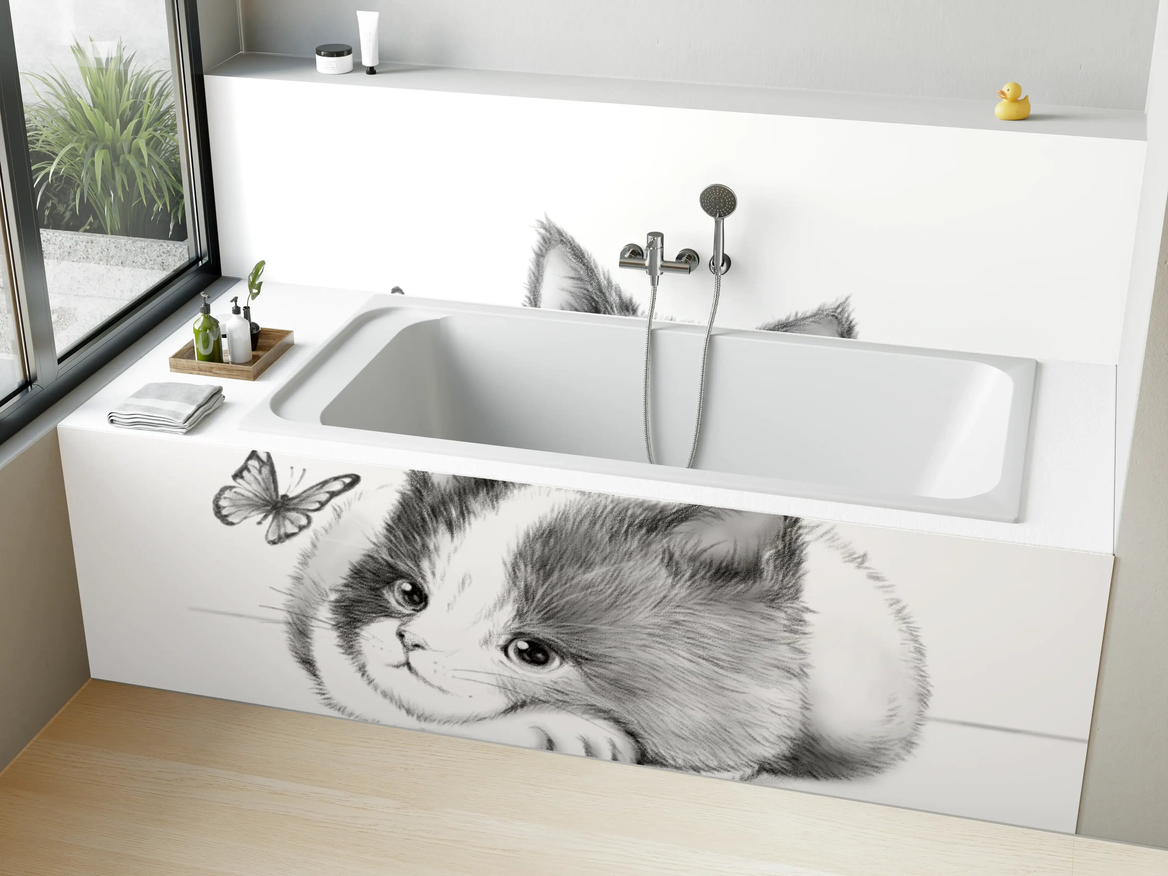 Badewannen-Rückwand - Kindermotiv einer Katze - Schwarz-weiß