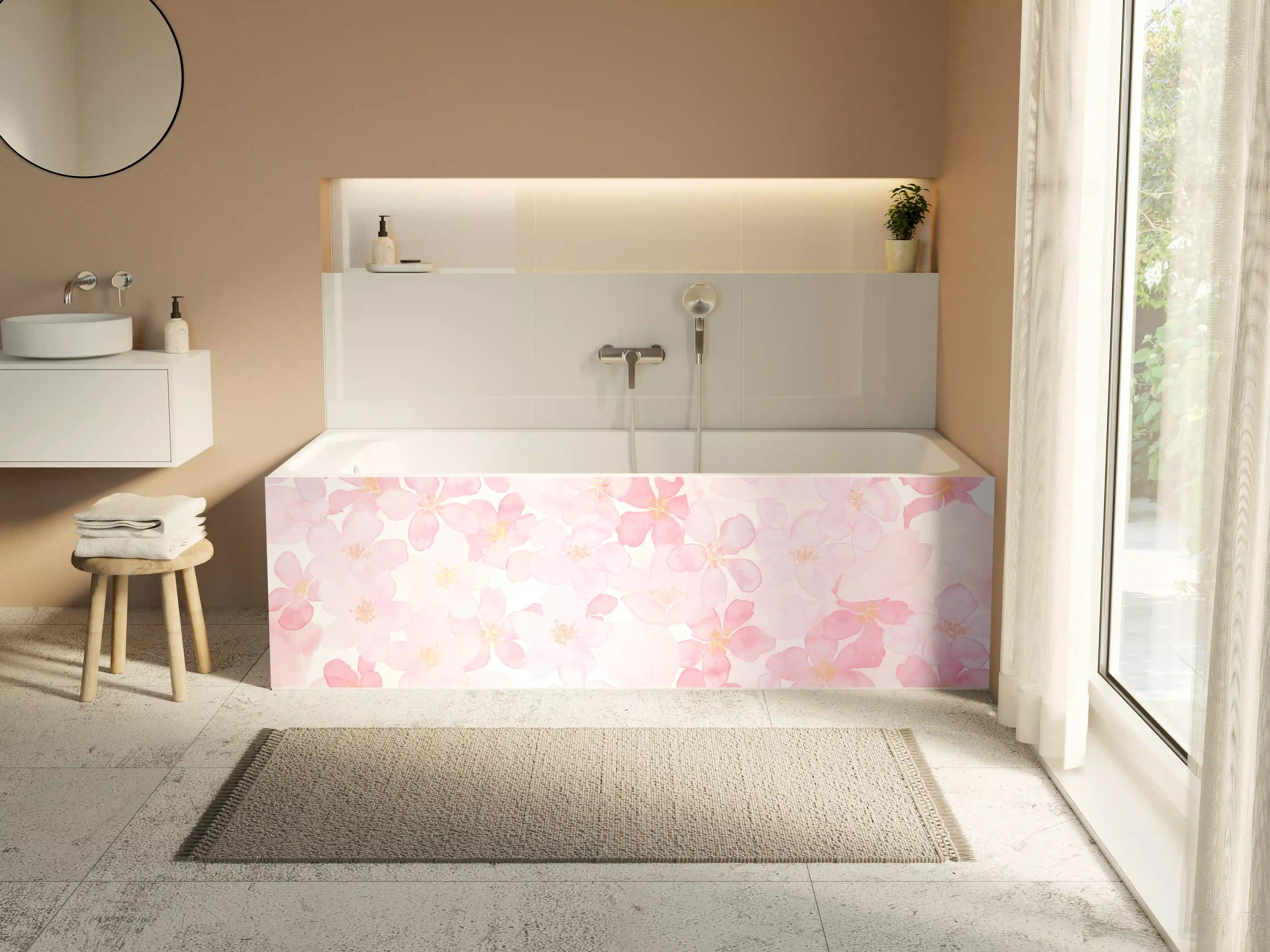 Badewannen-Rückwand - Kirschblüten auf weißem Hintergrund