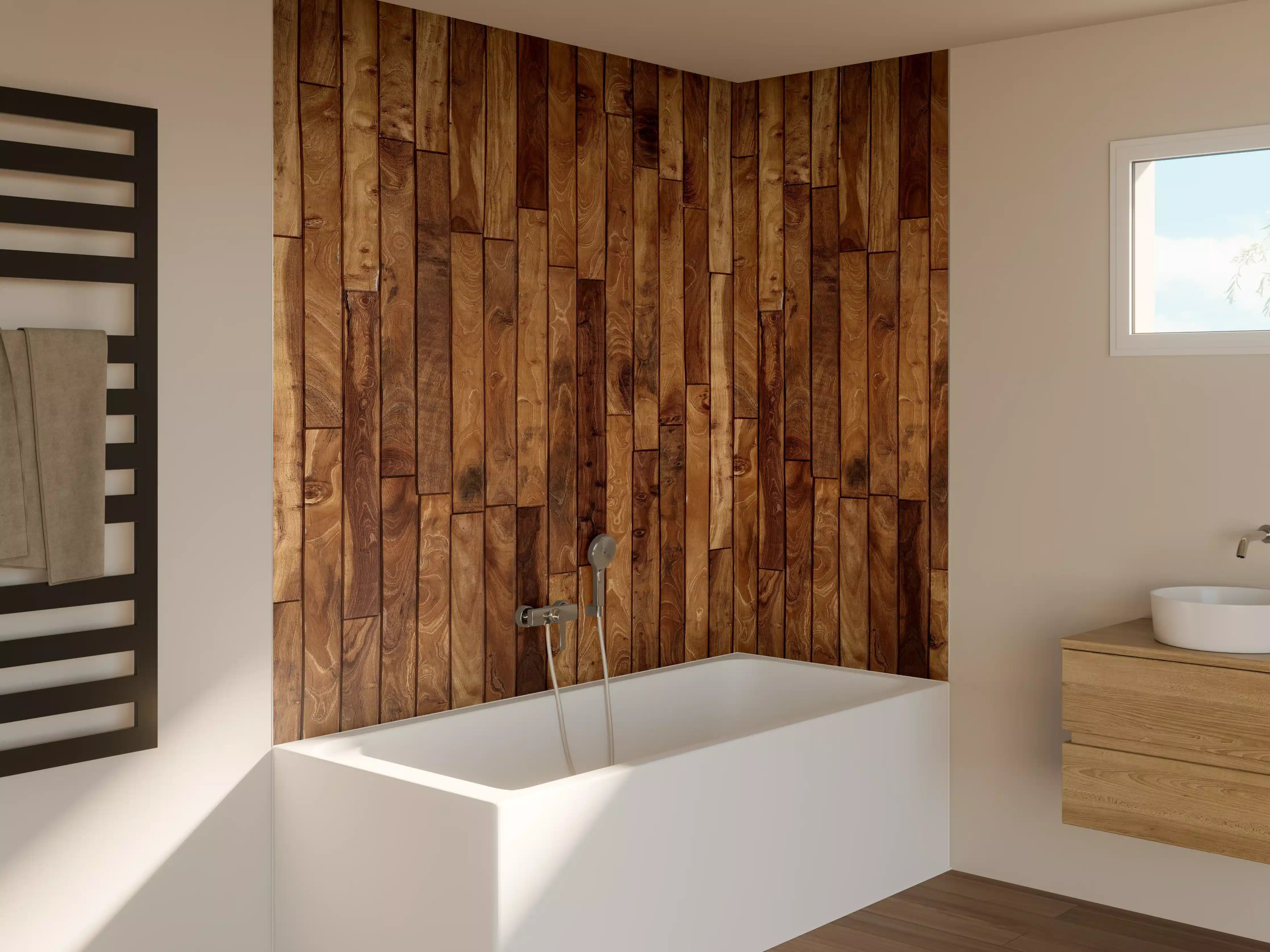 Badewannen-Rückwand - Kleine Kiefernholzstücke