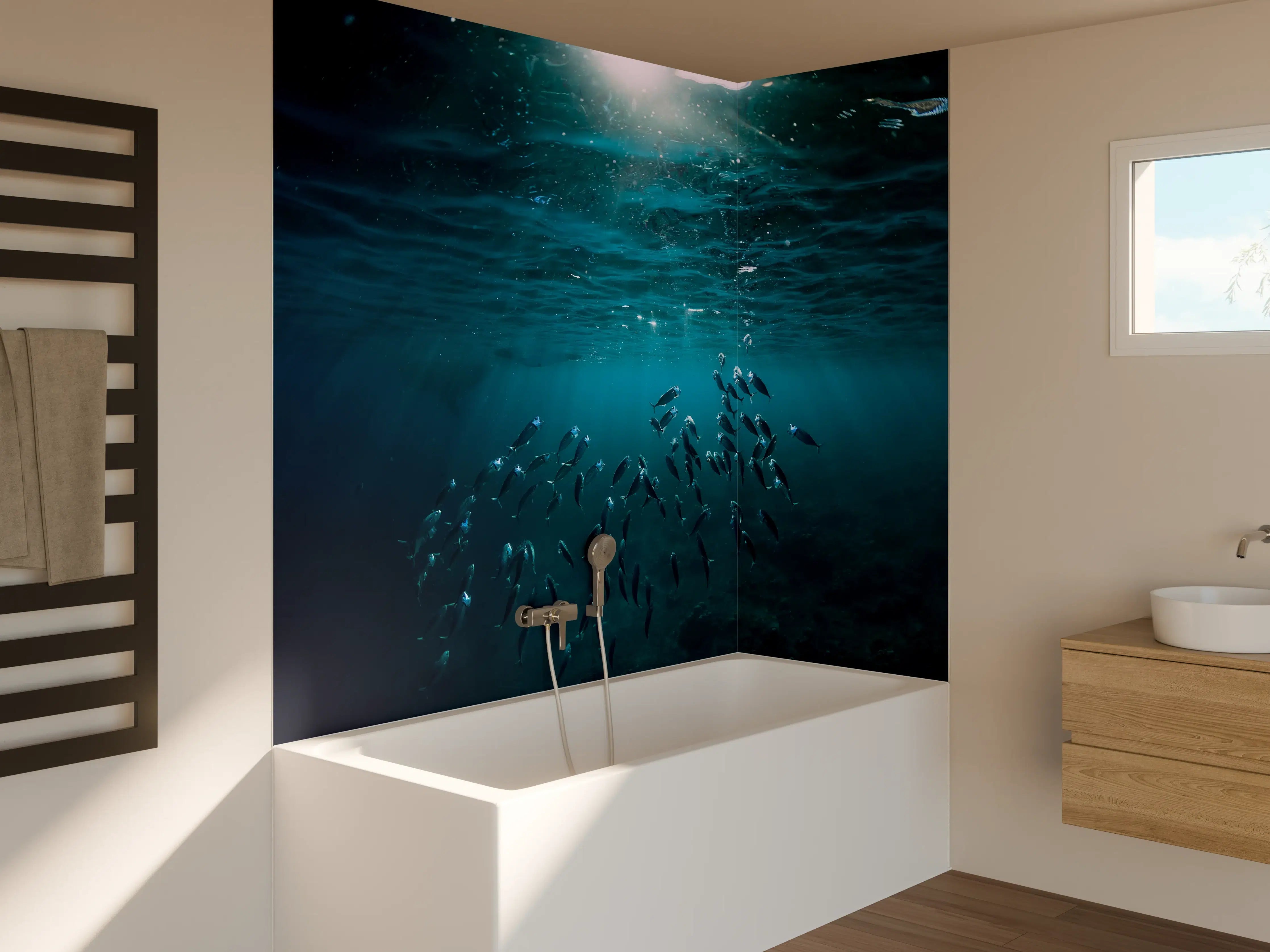 Badewannen-Rückwand - Kleiner Fischschwarm Unterwasser
