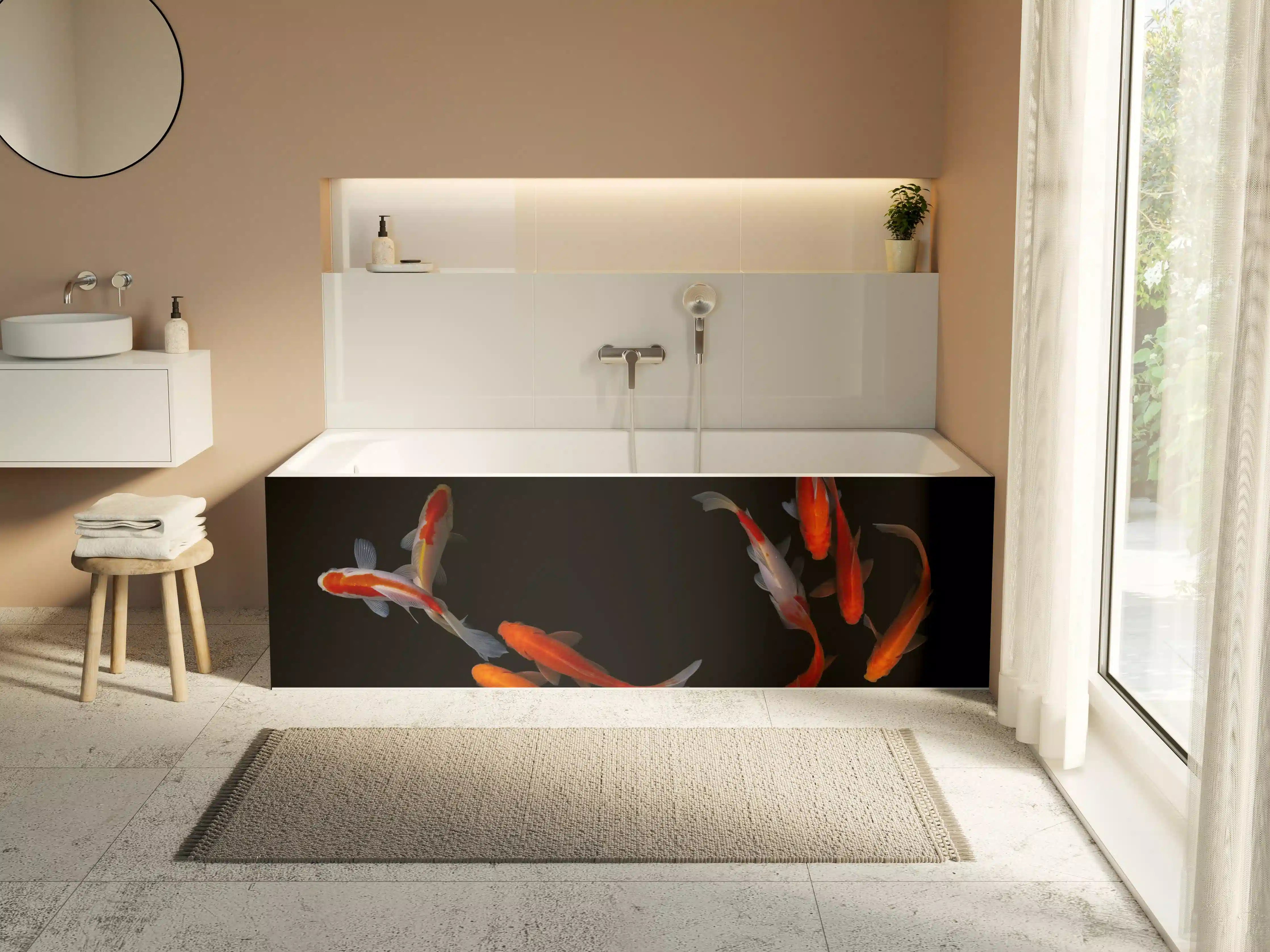 Badewannen-Rückwand - Koi Fische auf schwarzem Hintergrund